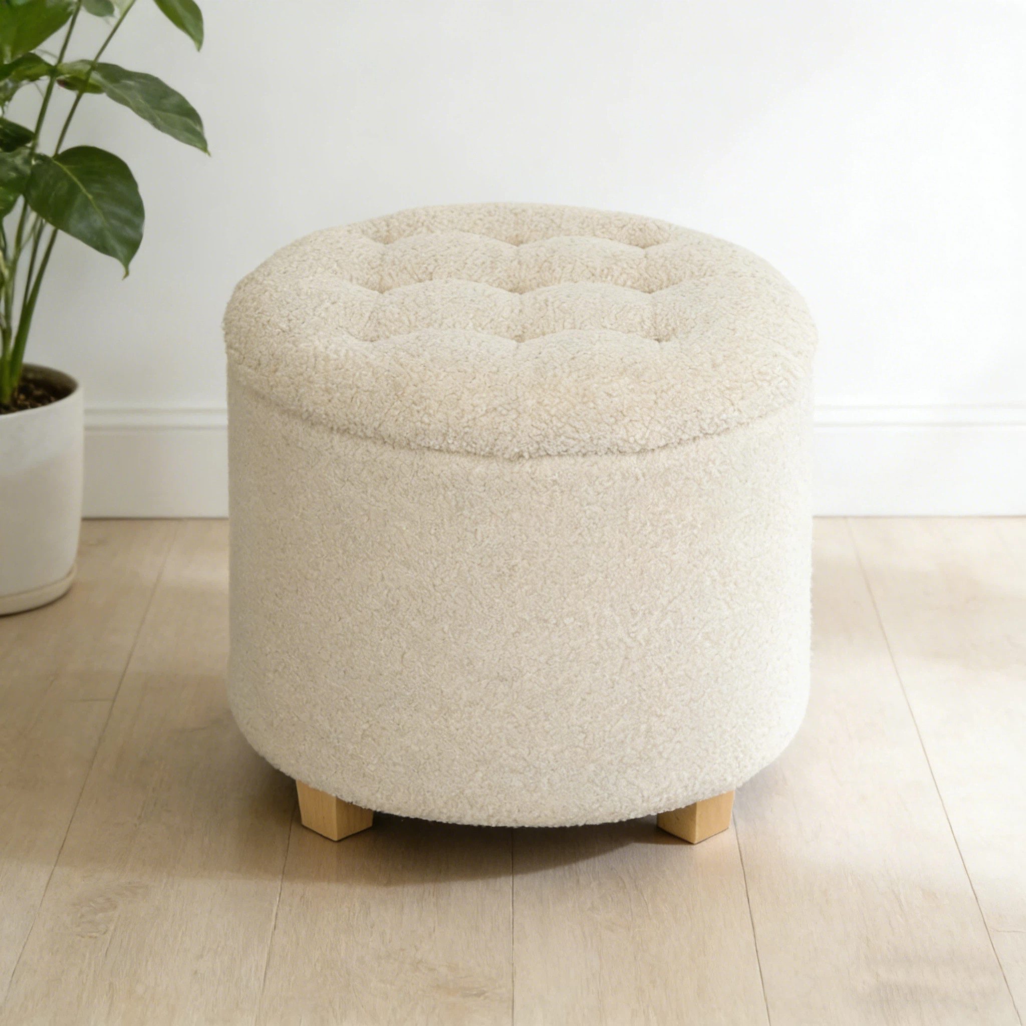 BlingBin Sitzhocker Runder Fußhocker mit Stauraum, Deckel und Holzbeinen (Kleiner Hocker, 1 St., Truhenbank 45cm x 45cm x 41cm), Polsterhocker für Wohnzimmer, Flur, Schlafzimmer, Cremeweiß