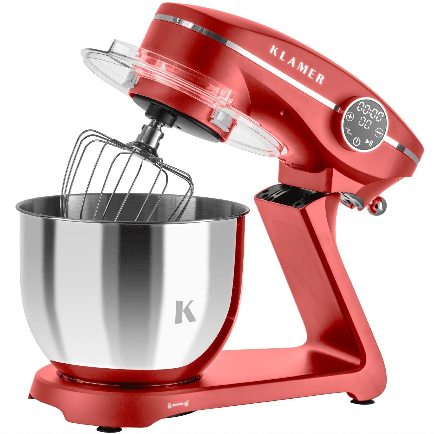 KLAMER Küchenmaschine 1800W, 6L Edelstahl-Schüssel, Knetmaschine mit 10 Geschwindigkeiten & Timer, rot, 1800 W, 6 l Schüssel, Spritzschutz, 3 Werkzeuge, Saugfüße, digitales Display, Timer