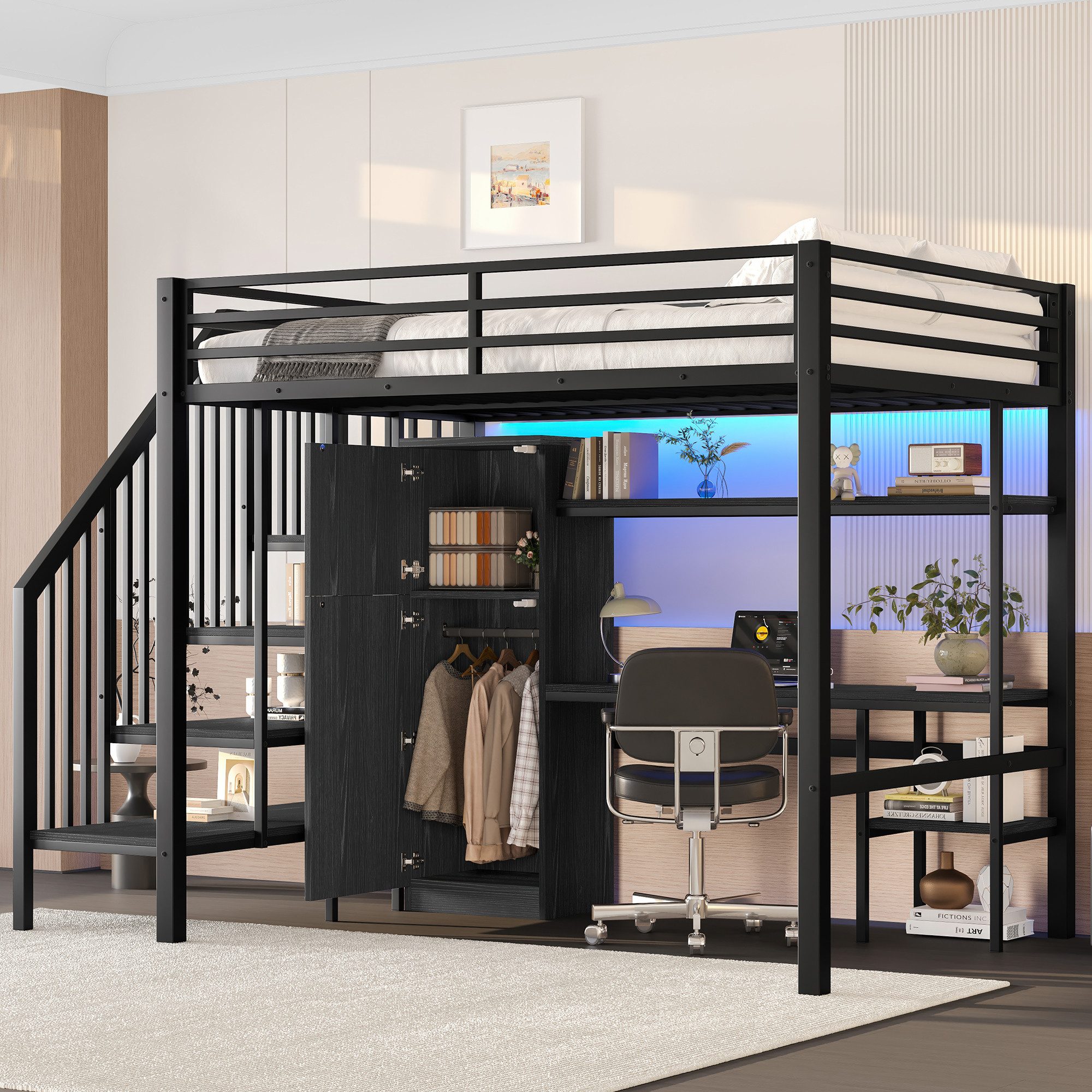 Flieks Hochbett Kinderbett Metallbett 140x200cm mit LED, Kleiderschrank, Sc günstig online kaufen