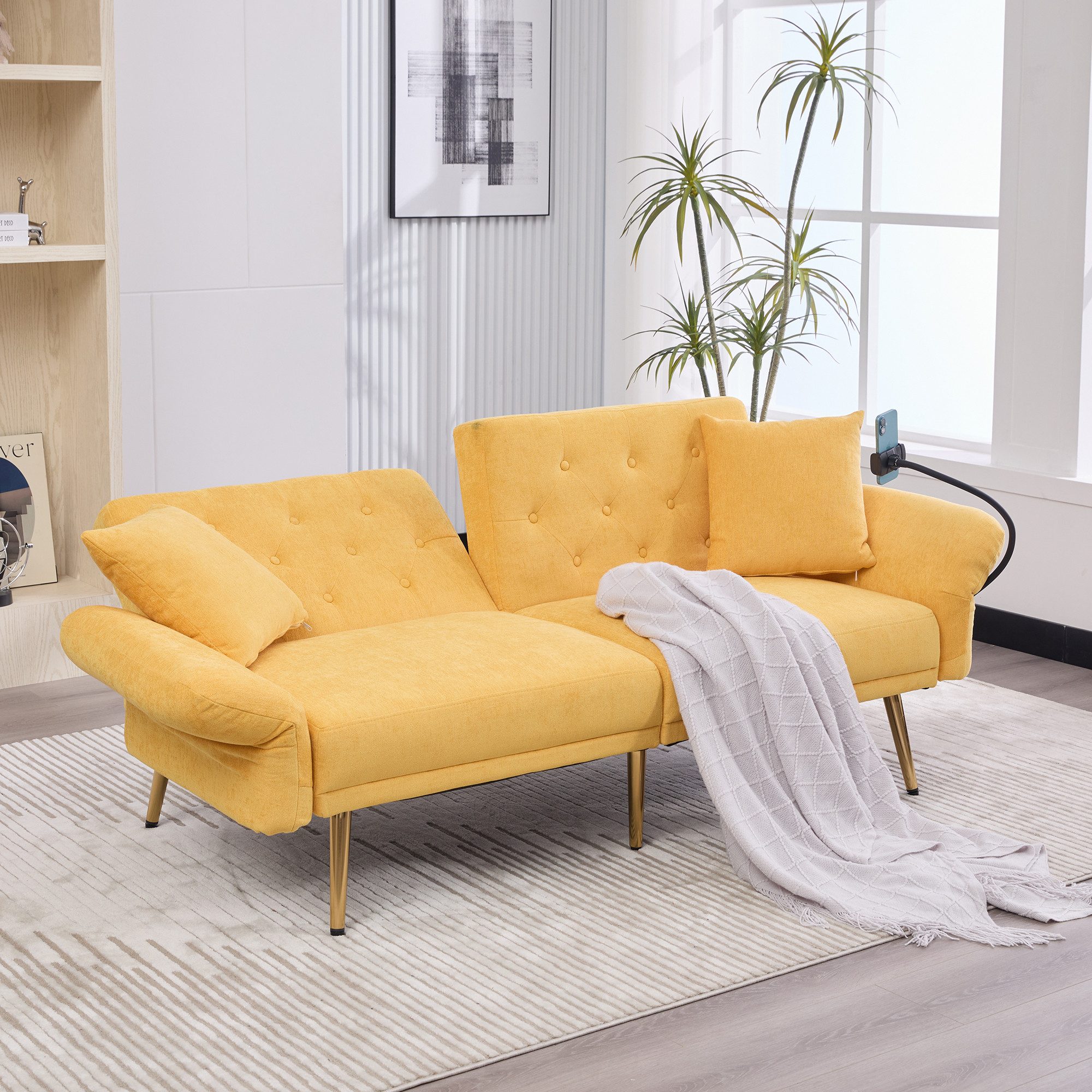 Sofa mit 2 USB-Anschlüssen, Handyhalter, Seitentasche & Metallbeinen