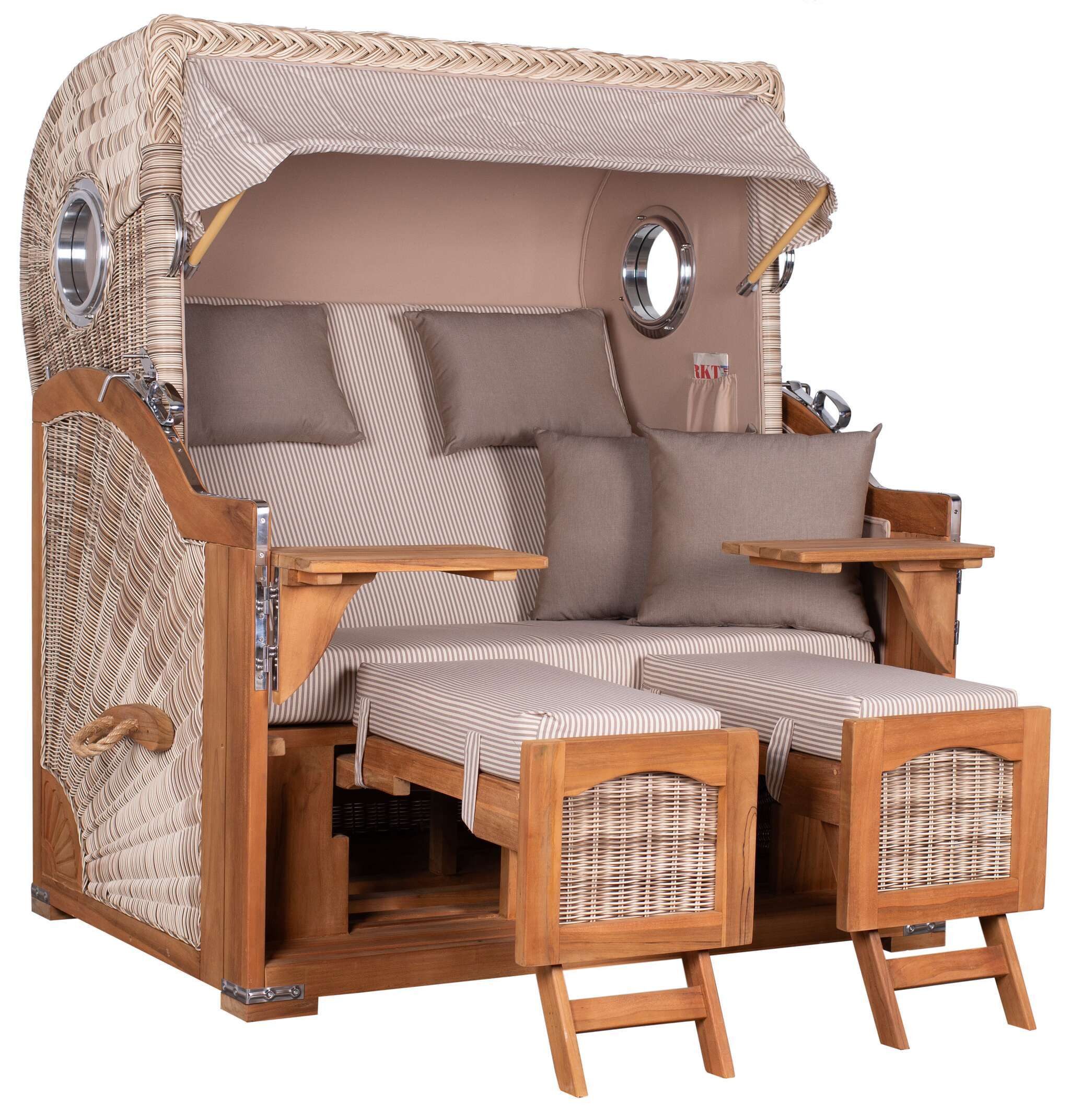 MR.DEKO Strandkorb XL Düne Grande wetterfest Teak PE Shell 2,5 Sitzer mit Bullauge, BxTxH: 142x95x170 cm, Volllieger, Düne, (Fertig montierter Strandkorb für Garten, Terrasse & Balkon), Wetterfester Volllieger mit Edelstahlbeschlägen & waschbaren Polstern