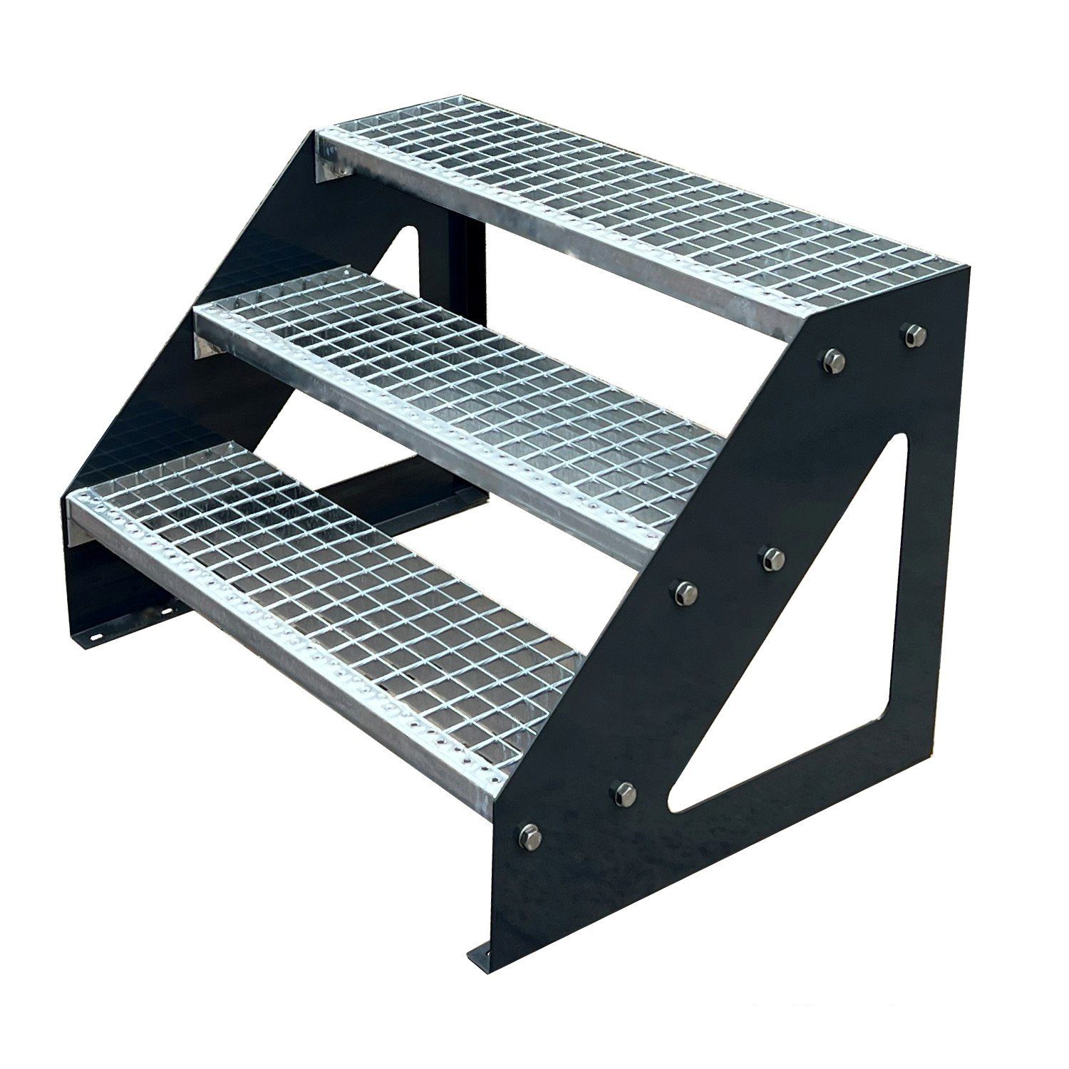 Kaminbau Mierzwa Außentreppe Premium Treppe Anthrazit mit oder ohne Geländer, für Geschosshöhen bis 57.00 cm, Stufen Gitterroststufen nach DIN 24531, (Höhe 57 cm, Stufenbreite und Geländerart wählbar), Gartentreppe Stahltreppe Wetterfest Rostfrei Feuer-Verzinkt Rutschfest