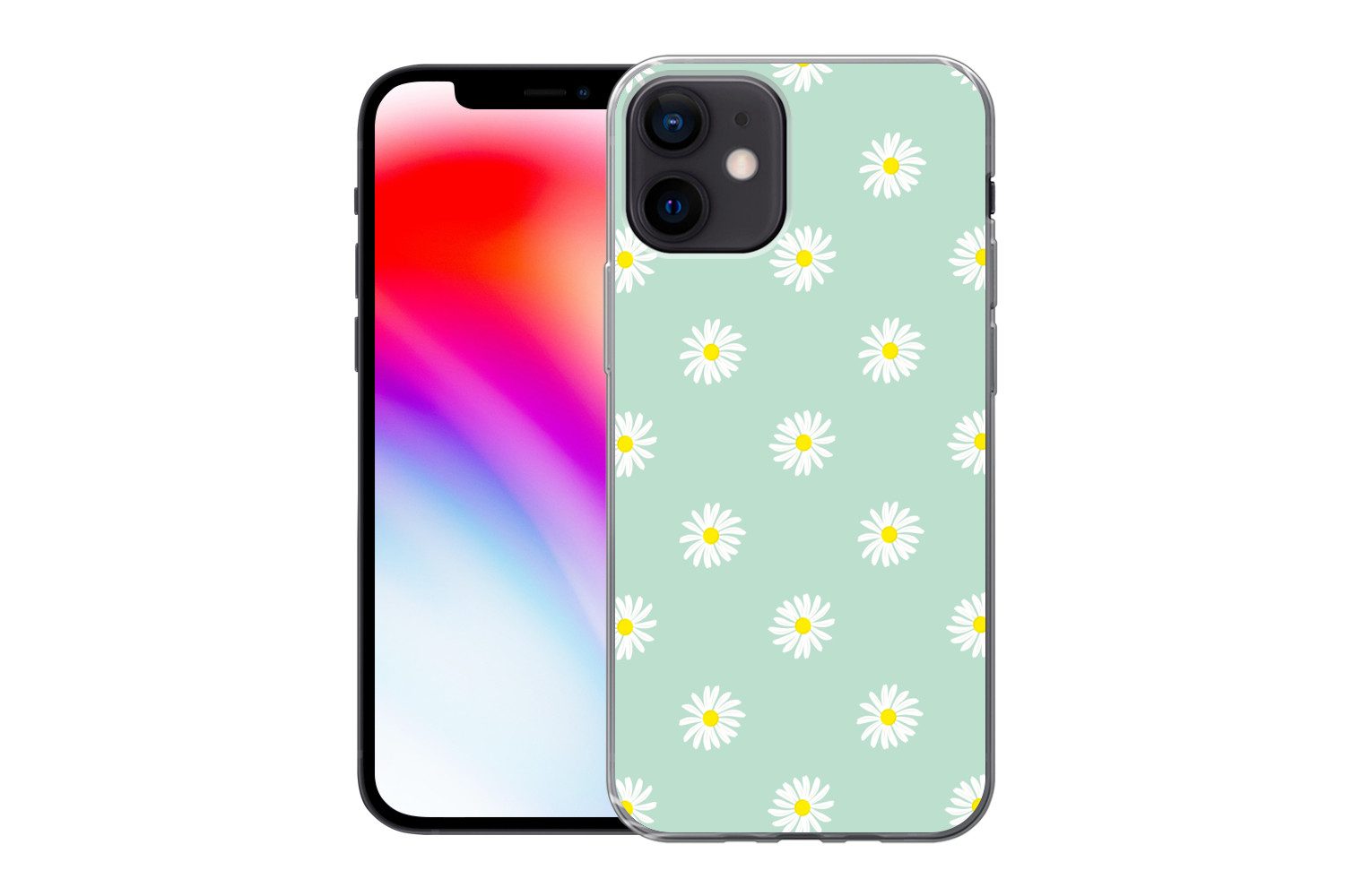 MuchoWow Handyhülle für Apple iPhone 12 Gänseblümchen - Pastell - Weiß - Grün - Florales M, Smartphone-Bumper, Print, Handy Schutzhülle Dünn