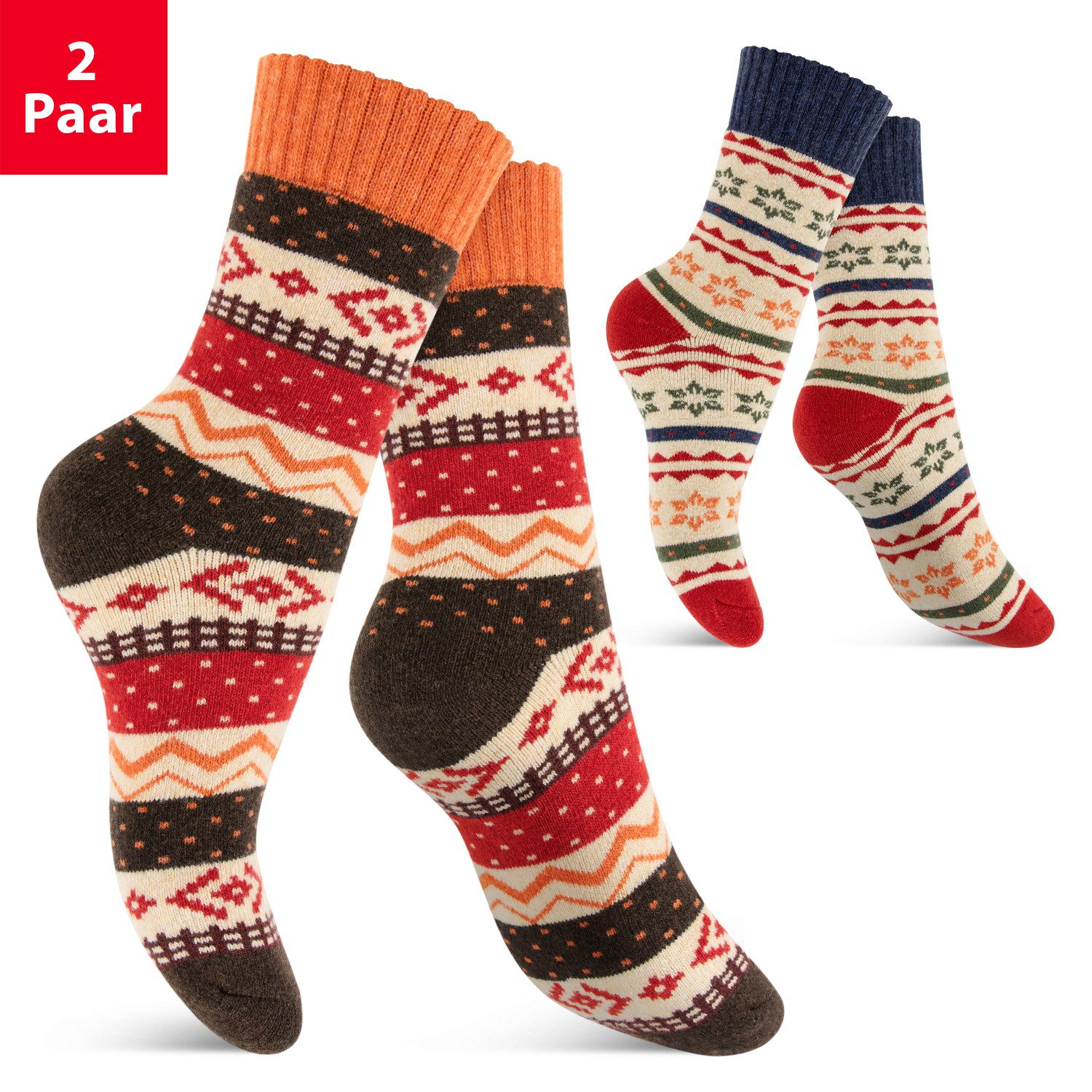 Footstar Thermosocken 2 Paar Warme Hygge Winter Wollsocken im Vintage-Design