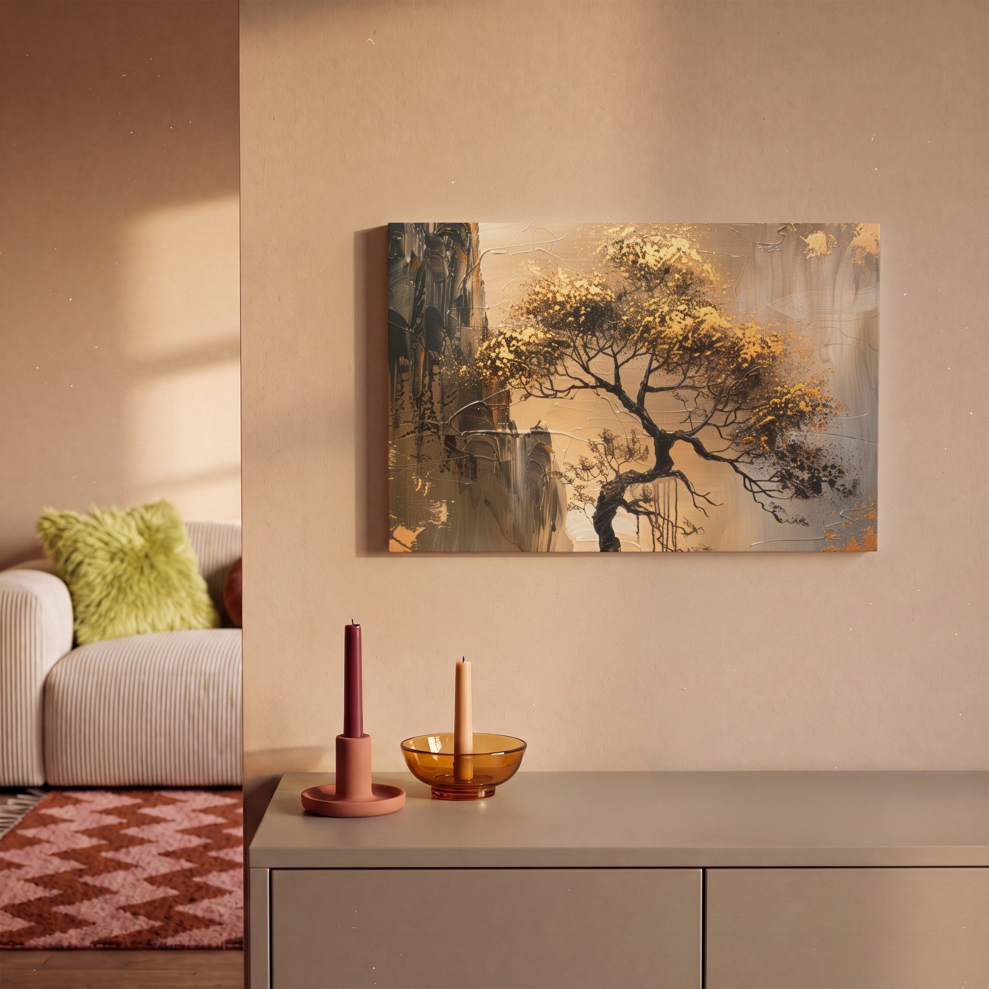 OneMillionCanvasses® Leinwandbild Baum - Gold - Landschaft - Farbe, Fotodruck (1 St), Leinwand Bilder Klein, Wand Dekoration Aesthetic 30x20 cm – Bild 2 von 5