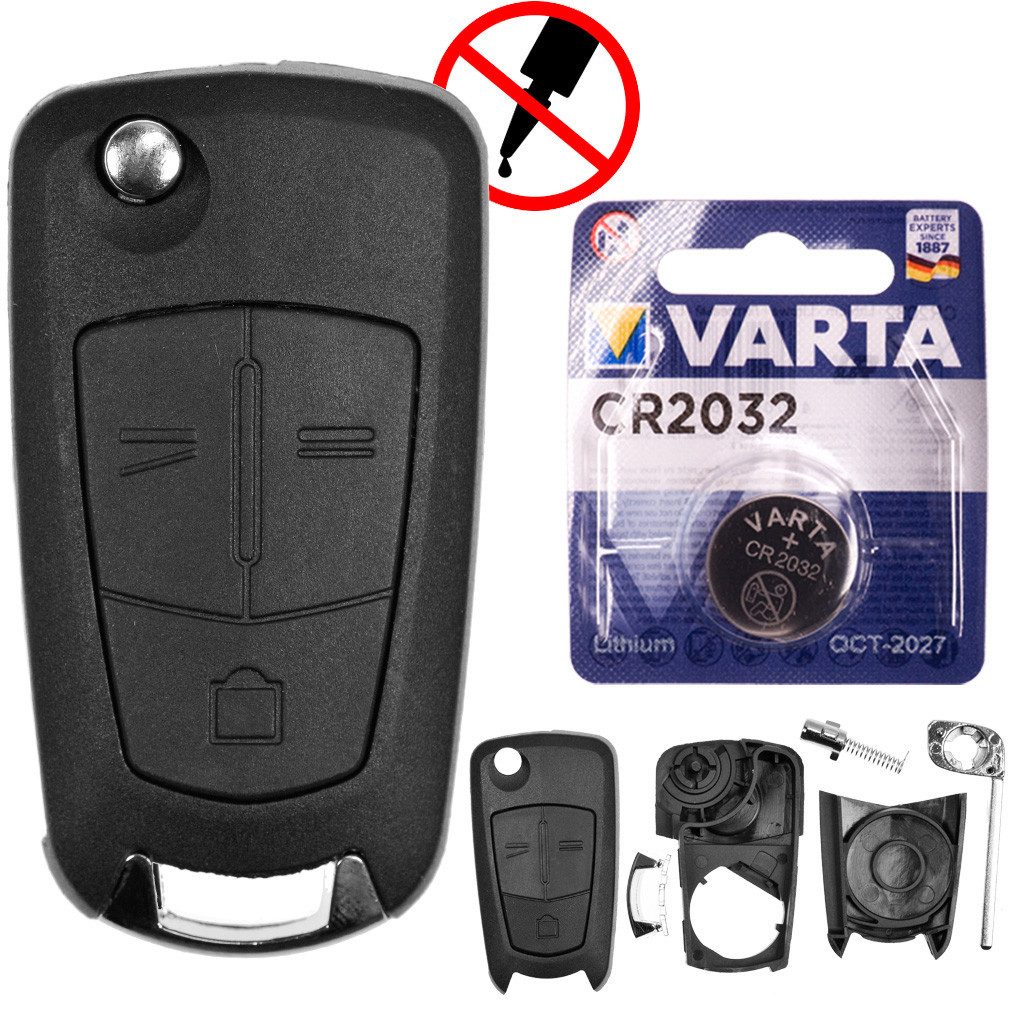 mt-key Auto Klapp Schlüssel Ersatz Gehäuse 3 Tasten + Rohling + VARTA CR2032 Knopfzelle, CR2032 (3 V), für Opel Zafira B Antara Chevrolet Captiva Funk Fernbedienung
