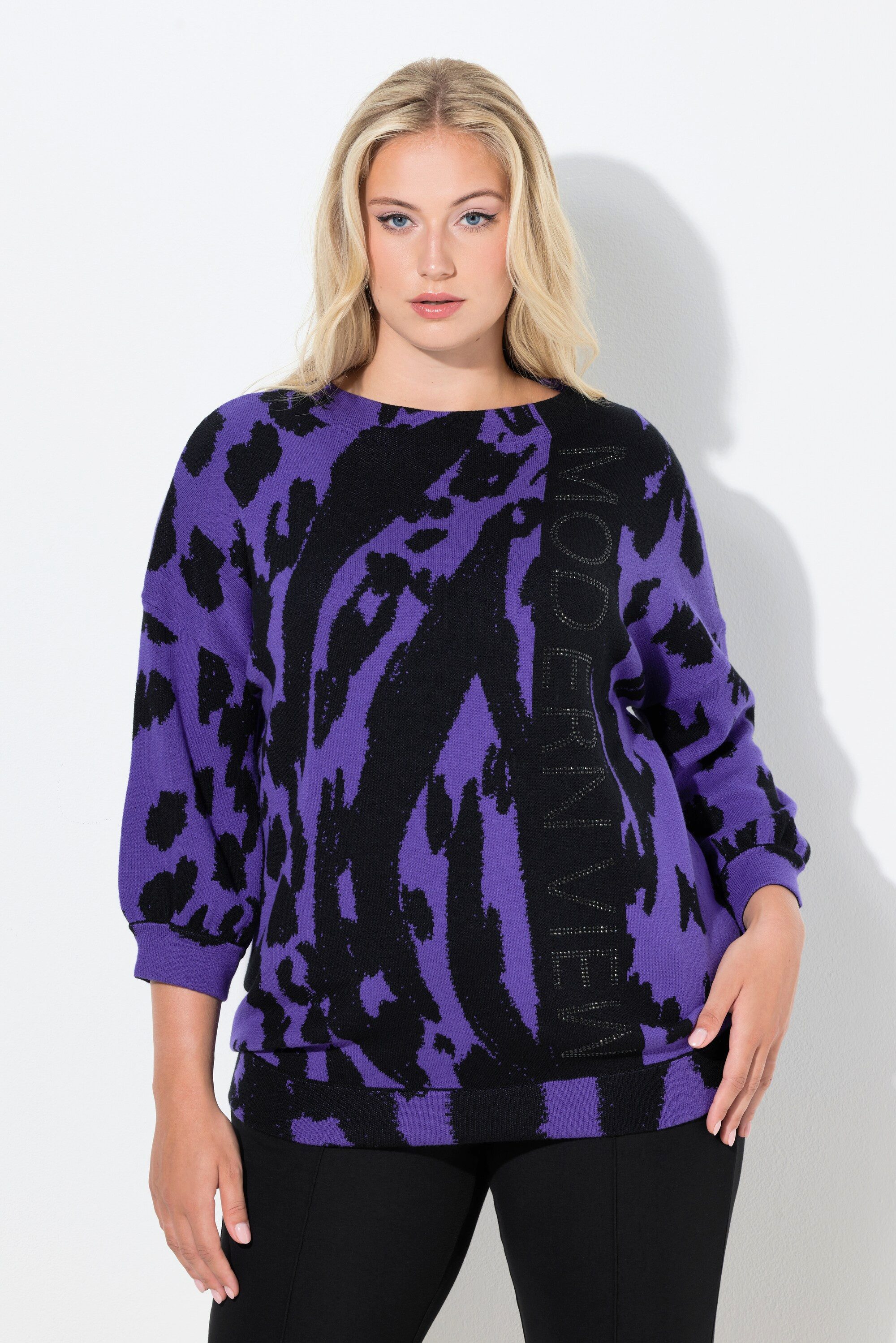 Ulla Popken Jacquardpullover Jacquard-Pullover Animal Stehkragen 3/4-Arm
