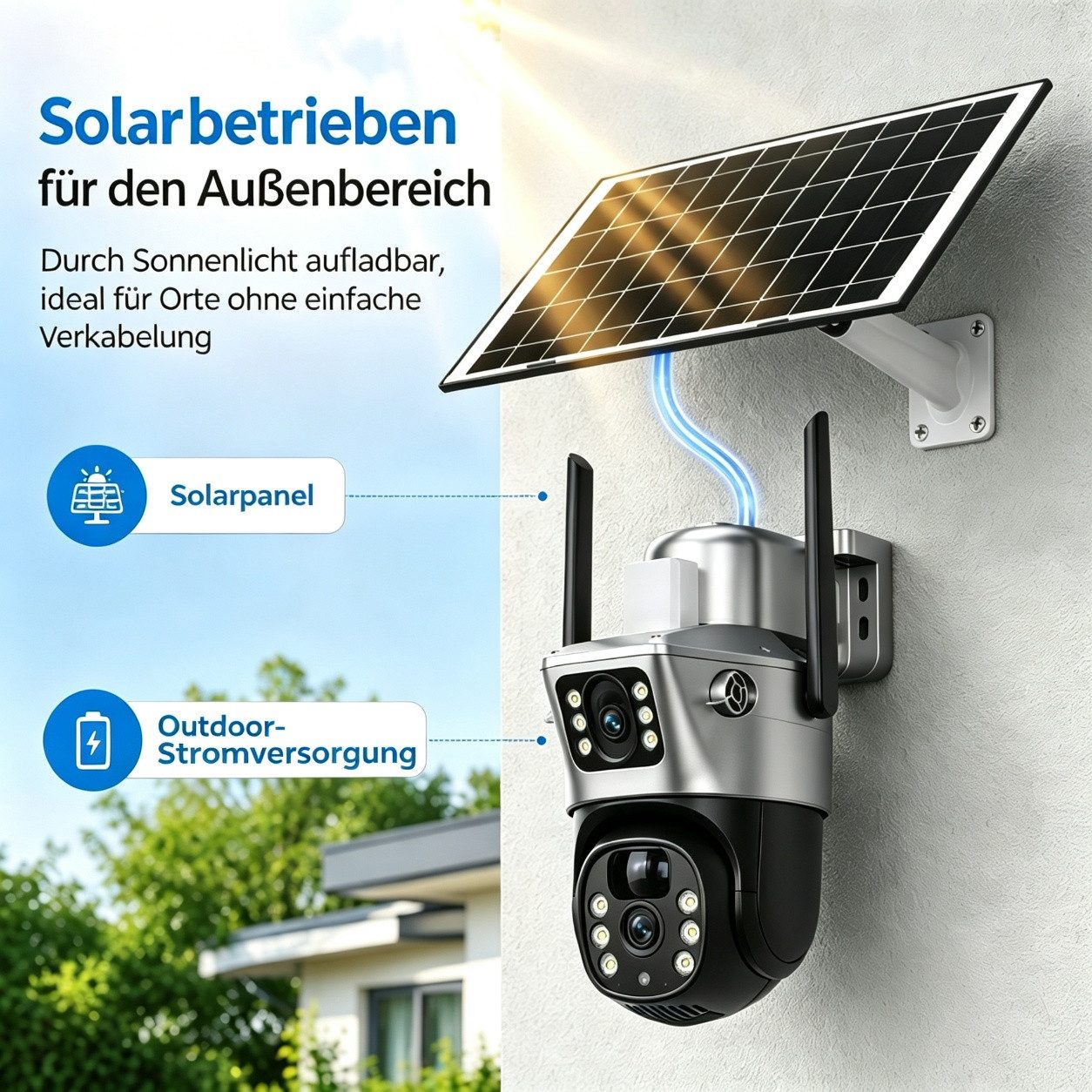 ANTCOOL Überwachungskamera WiFi Solar-Überwachungskamera Außen Doppellinse PTZ, IP66 – Bild 4 von 5