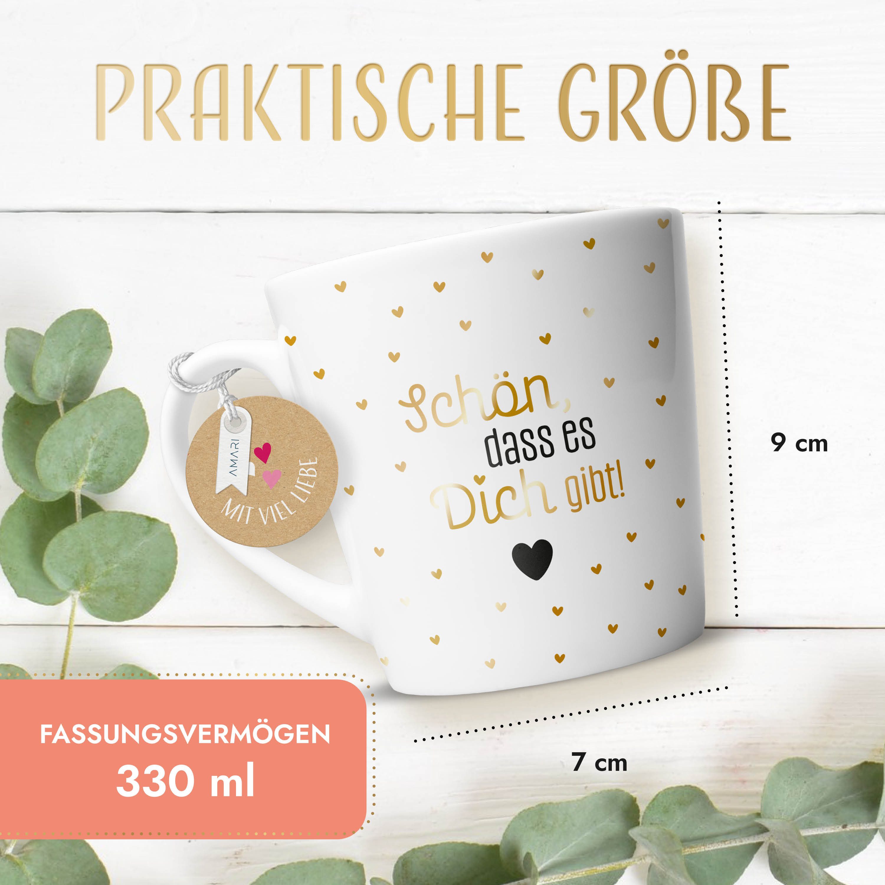 Amari Tasse Schön dass es dich gibt, Geschenkidee Freundin Mama Partner Gold Nr.22, Kaffeetasse Teetasse Bürotasse 330 ml Geschenkbox Geburtstag – Bild 5 von 5