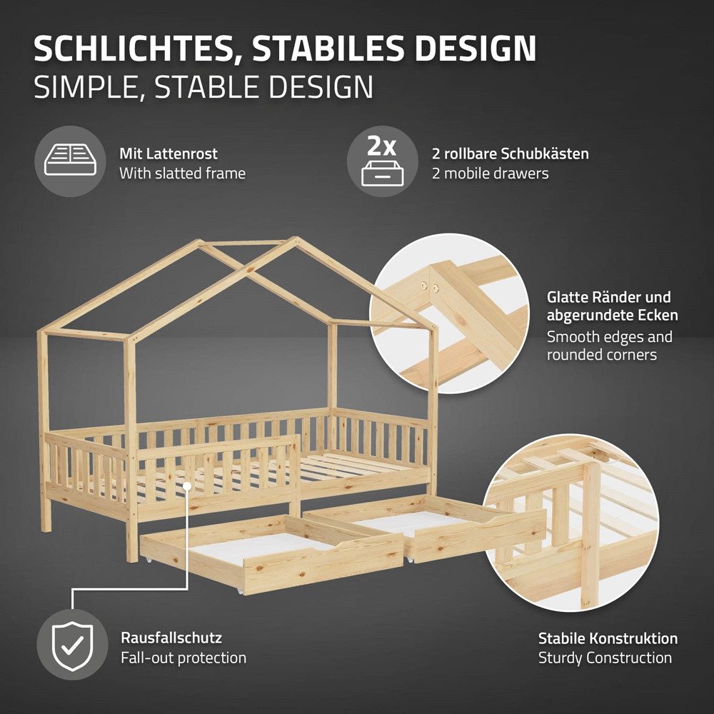 ML-DESIGN Spielbett Hausbett Kinderbett inkl. 2 Schubladen, Lattenrost und Rausfallschutz, Abenteuerbett 90x200cm Haus Bett Himmelbett Kiefer Jugendbett Natur