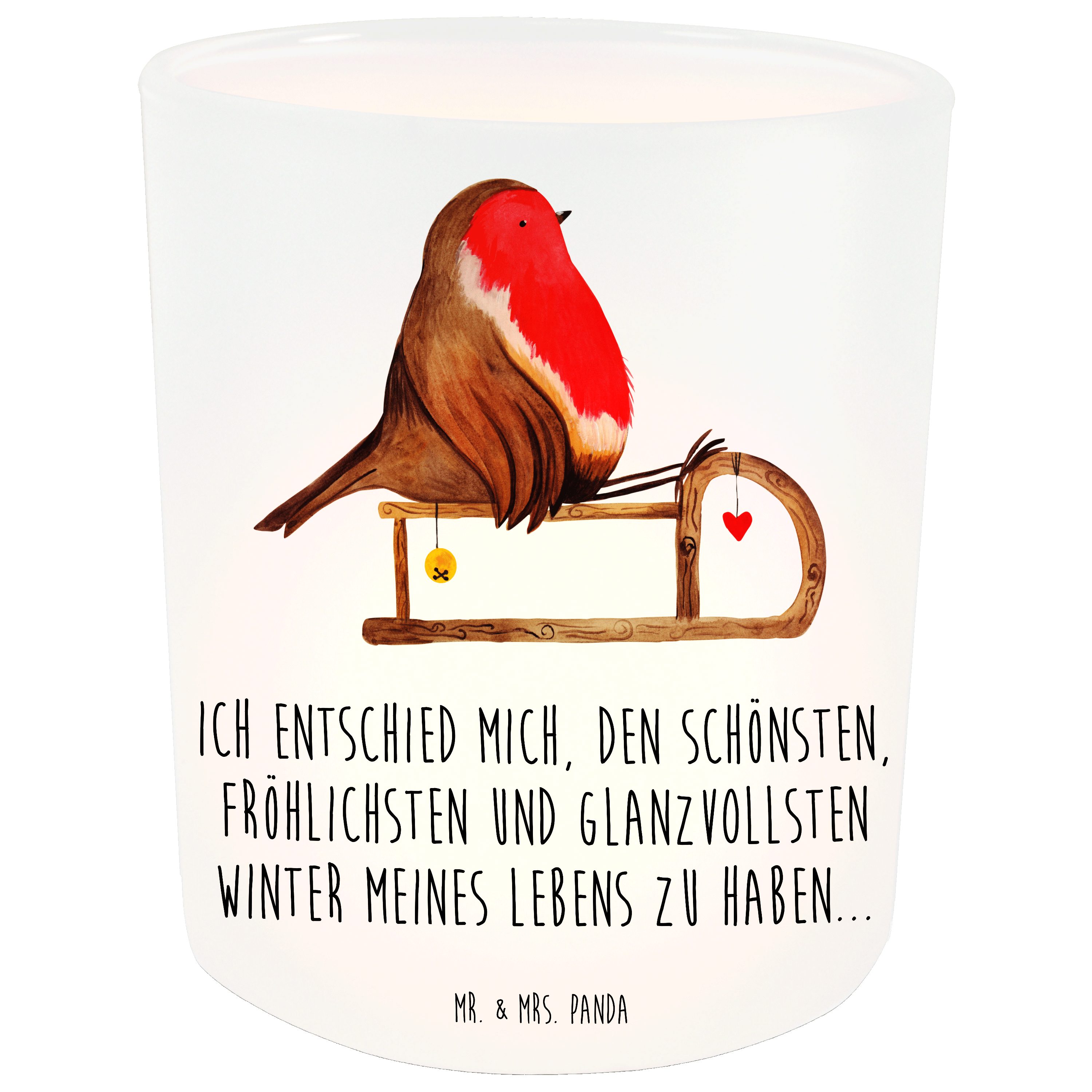 Mr. & Mrs. Panda Windlicht Rotkehlchen Schlitten - Transparent - Geschenk, Vogel, Kerzenglas, H (1 St)