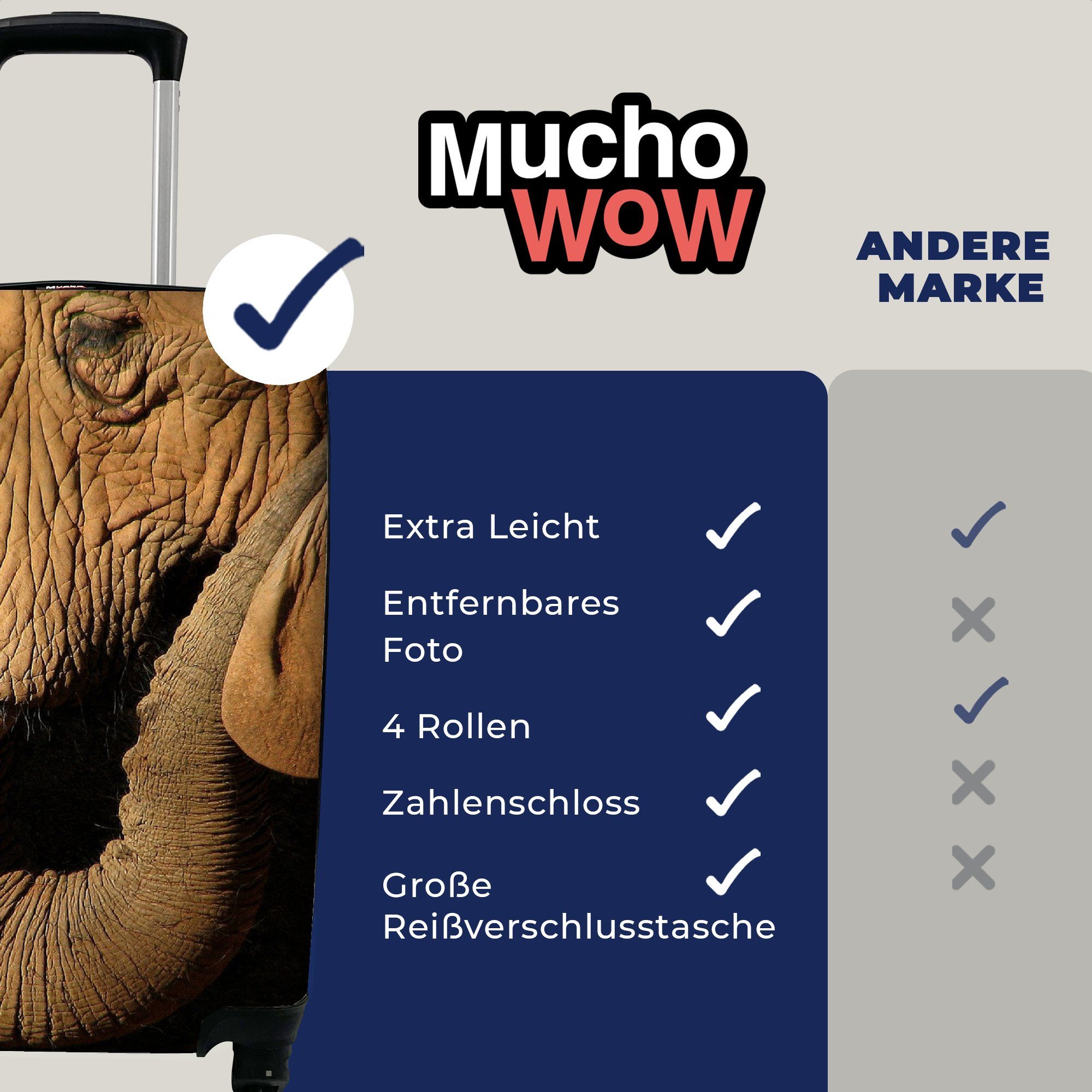 Tiere Elefant rollen, 4 - - MuchoWow - mit Trolley, für Handgepäck Reisetasche Rollen, Schwarz, Nahaufnahme Handgepäckkoffer Reisekoffer Ferien,