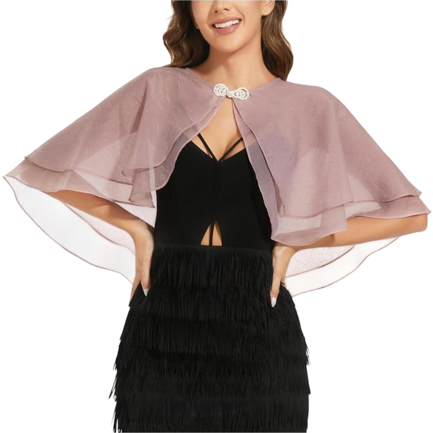 Refttenw Bolero Damen Festlich Doppellagiger Chiffon Bolero Stola Brautjacke Poncho (1-tlg) Bolerojacken mit Perlenknoten - Leicht Luftig