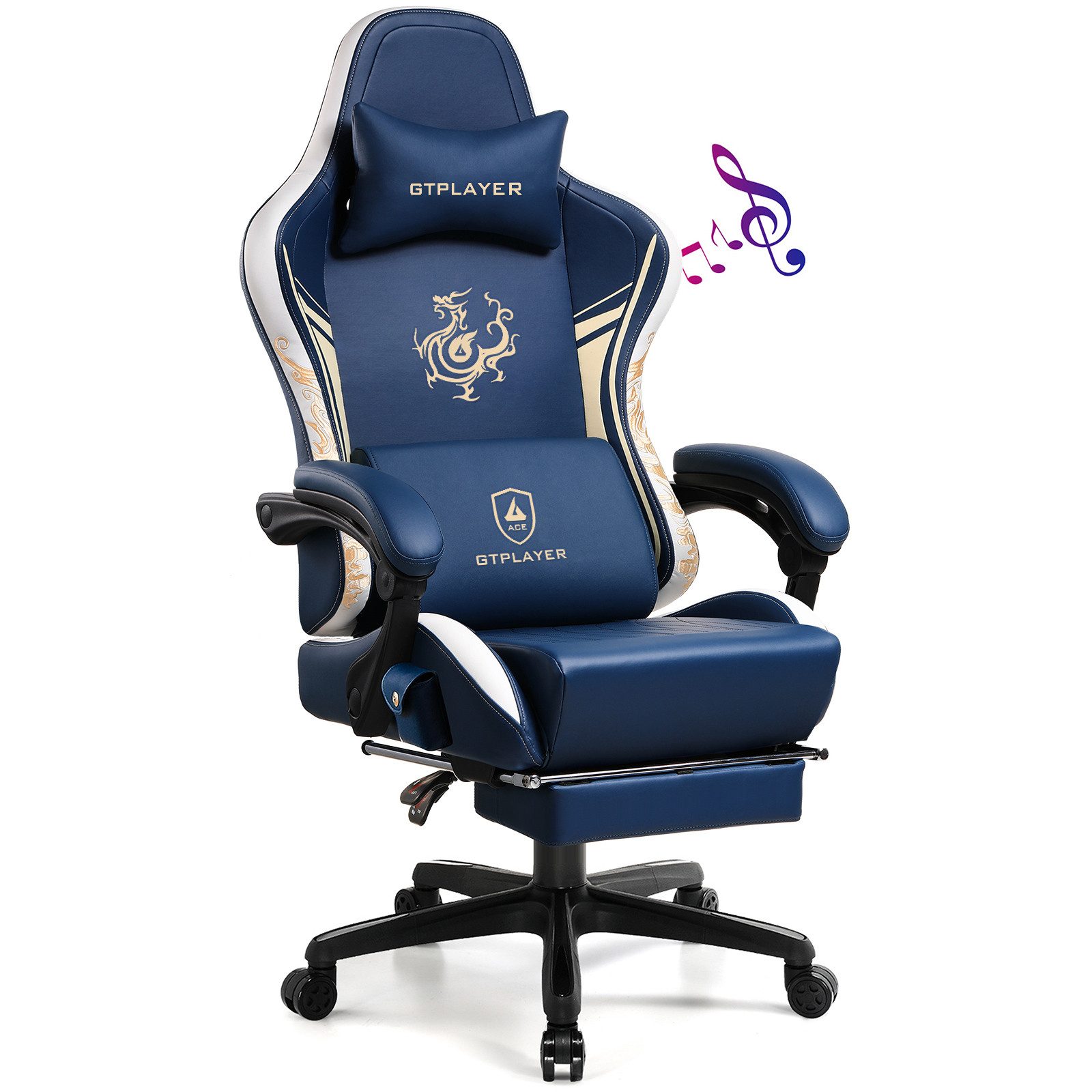 GTPLAYER Gaming-Stuhl Gamer Stuhl mit Bluetooth-Lautsprechern und Fußstütze, Dragon Series, Bürostuhl, Ergonomischer Gaming-Stuhl, Drehsessel, Computerstuhl