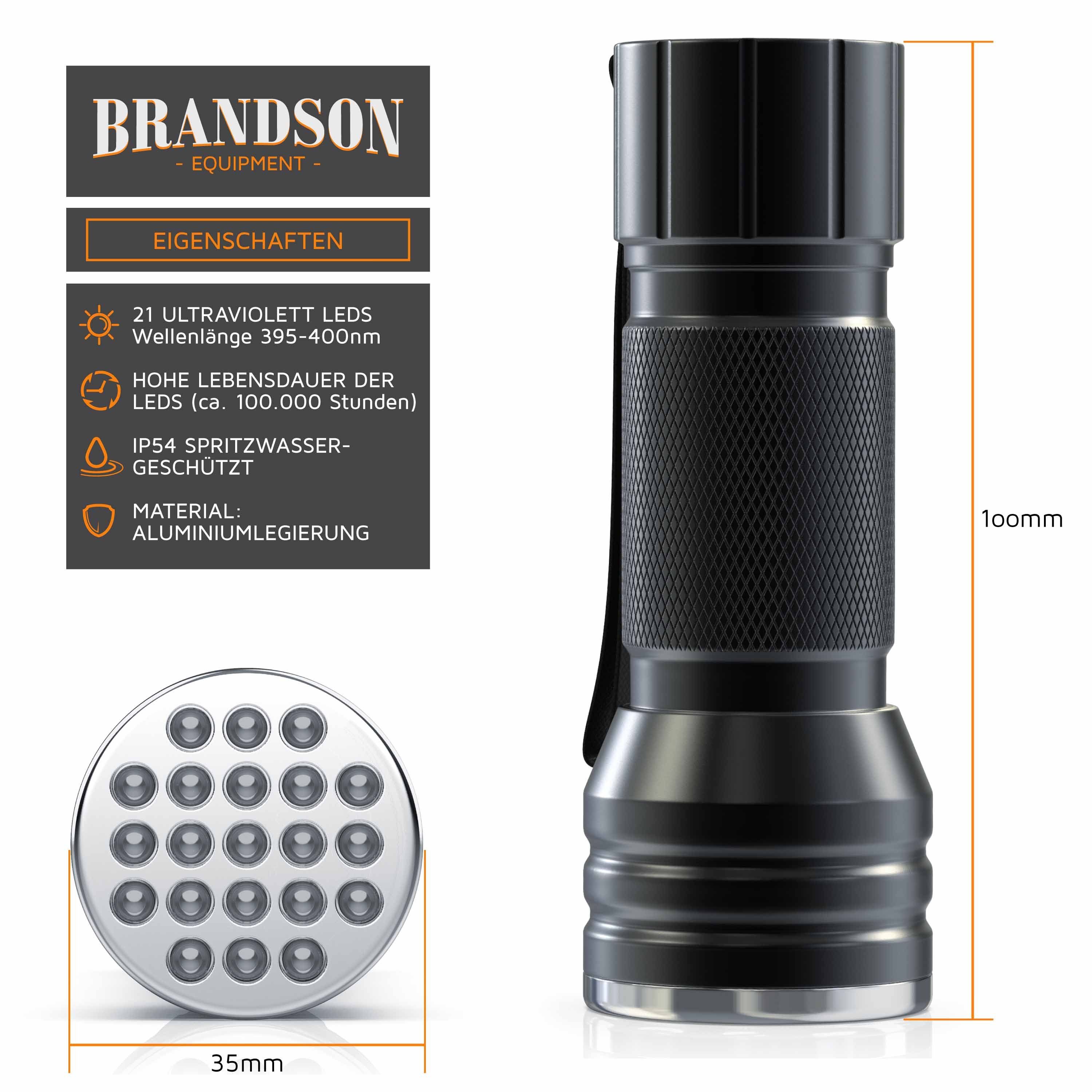 Brandson LED Taschenlampe UV Schwarzlicht Hand Lampe, Bernsteindetektor, Heimtierurindetektor, 21x Ultraviolett LEDs, Wellenlänge 395-400 nm, Schutzklasse: IP54