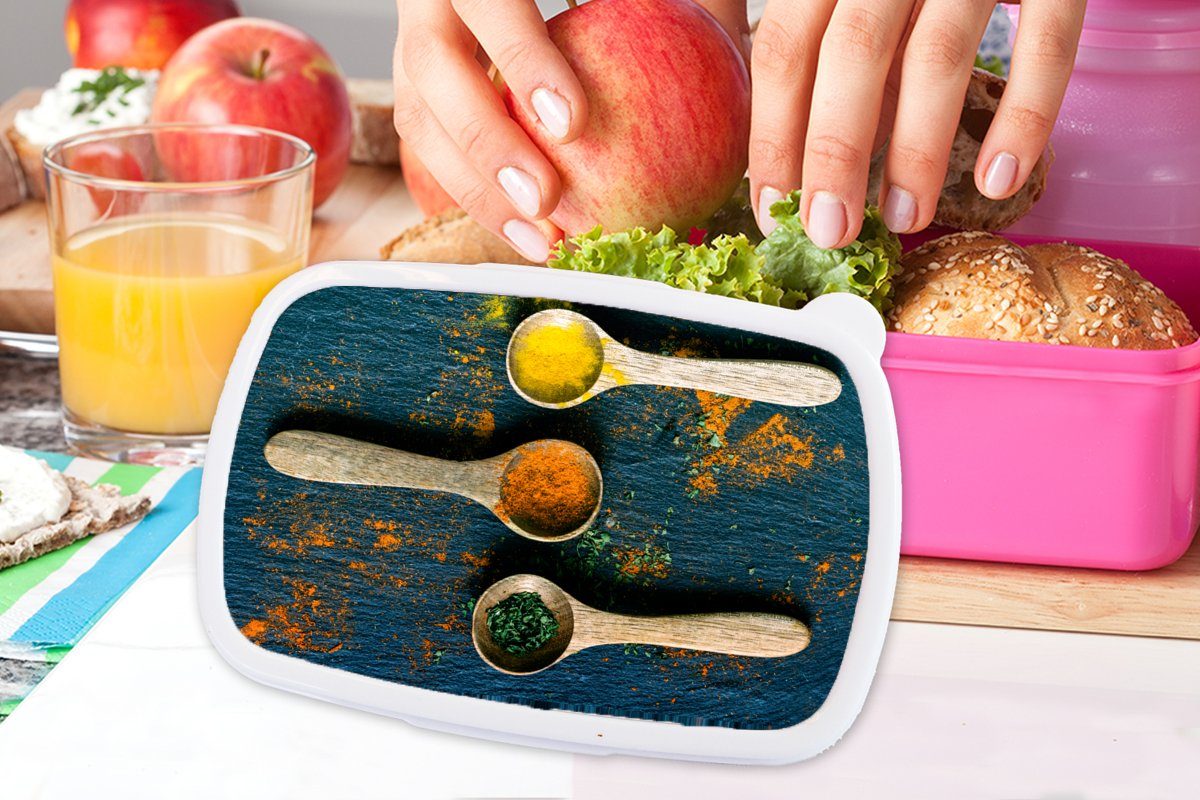 MuchoWow Lunchbox Gewürze - - Snackbox, Erwachsene, Kräuter für Gelb Grün, rosa Kunststoff, Brotbox Brotdose Kinder, Löffel Braun - Mädchen, - Kunststoff - (2-tlg)