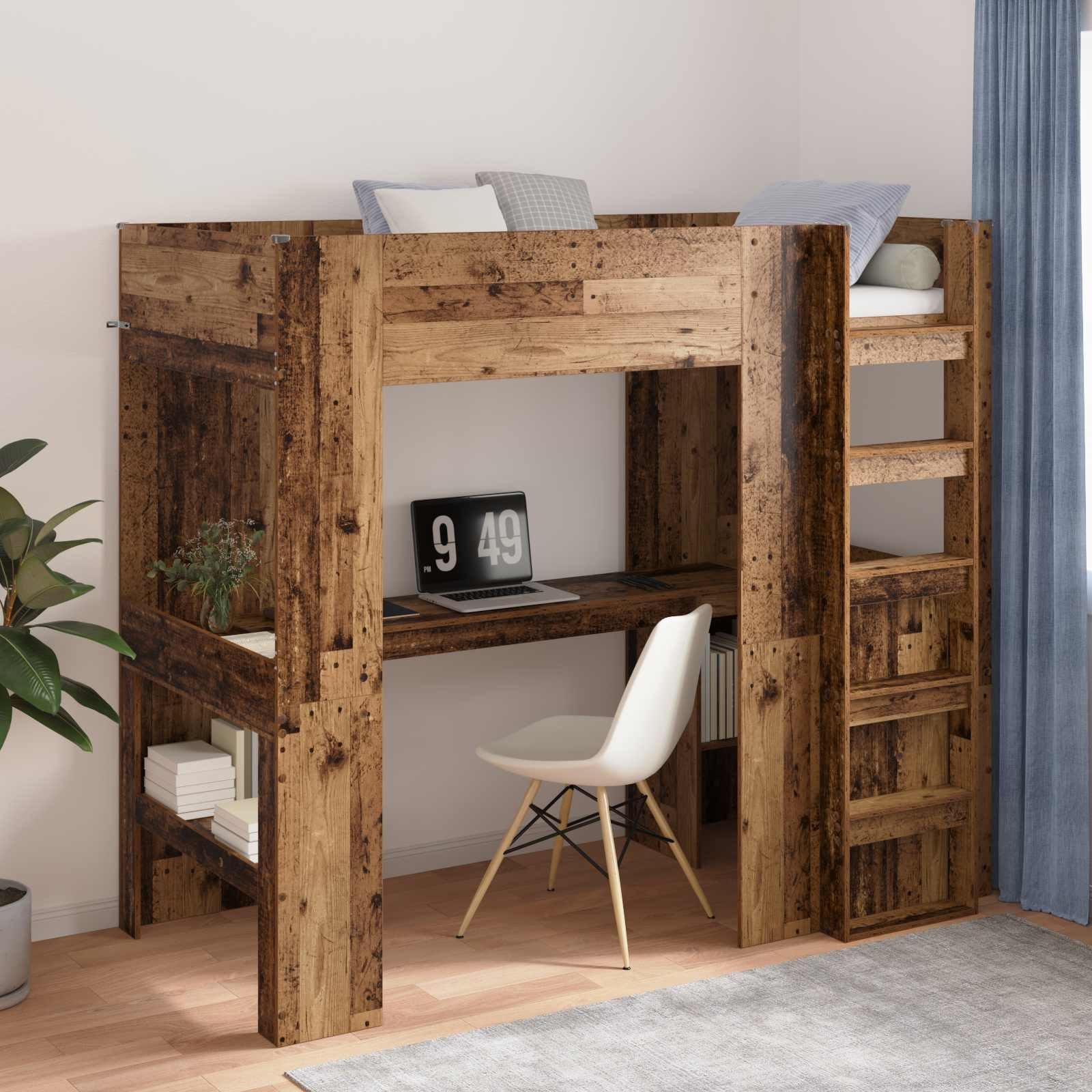 furnicato Bett Etagenbett mit Schreibtisch 203 x 103 x 175 cm Altholz, Mit Regalen kombiniertes Hochbett mit integriertem Schreibtisch