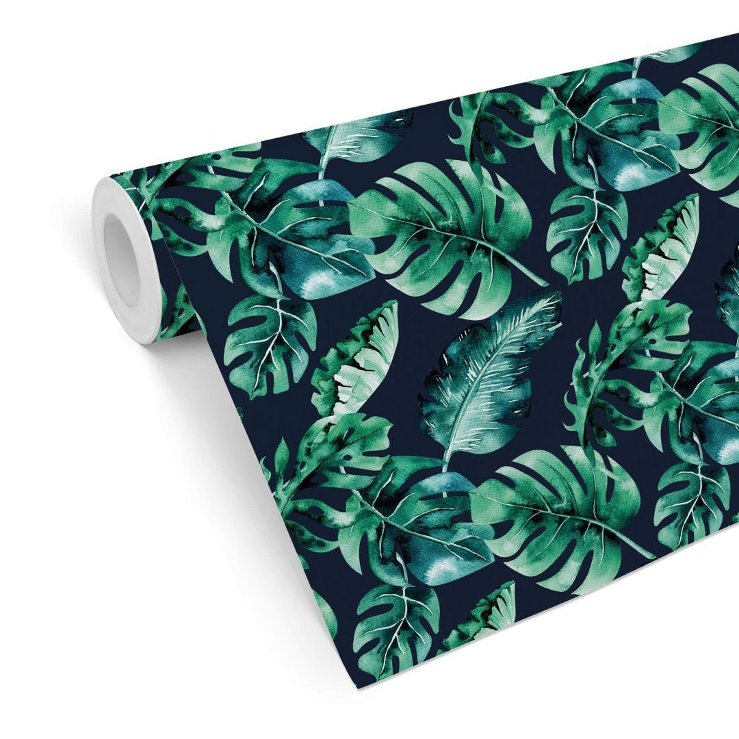 K&L Wall Art Mustertapete Schlafzimmer Pflanzen Dschungel Vliestapete Regenwald Monstera schwarz, Dschungelpflanzen Tapete