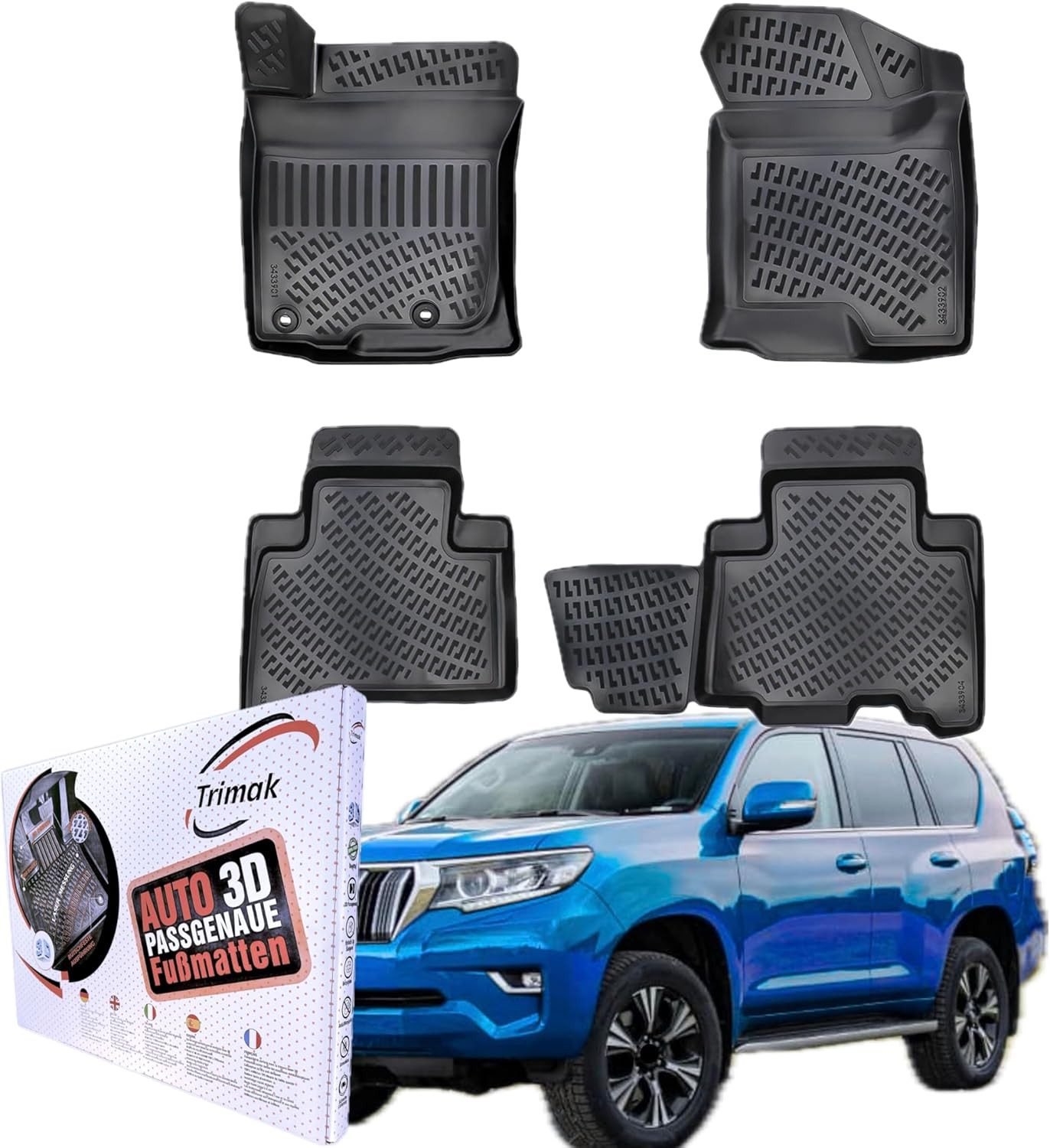 Trimak Passform-Fußmatten Kompatibel mit Toyota Land Cruiser 2009-2024 3D Auto Gummimatten, Toyota Land Cruiser J15 2009-2024 Gummimatten Auto TPE Allwetter