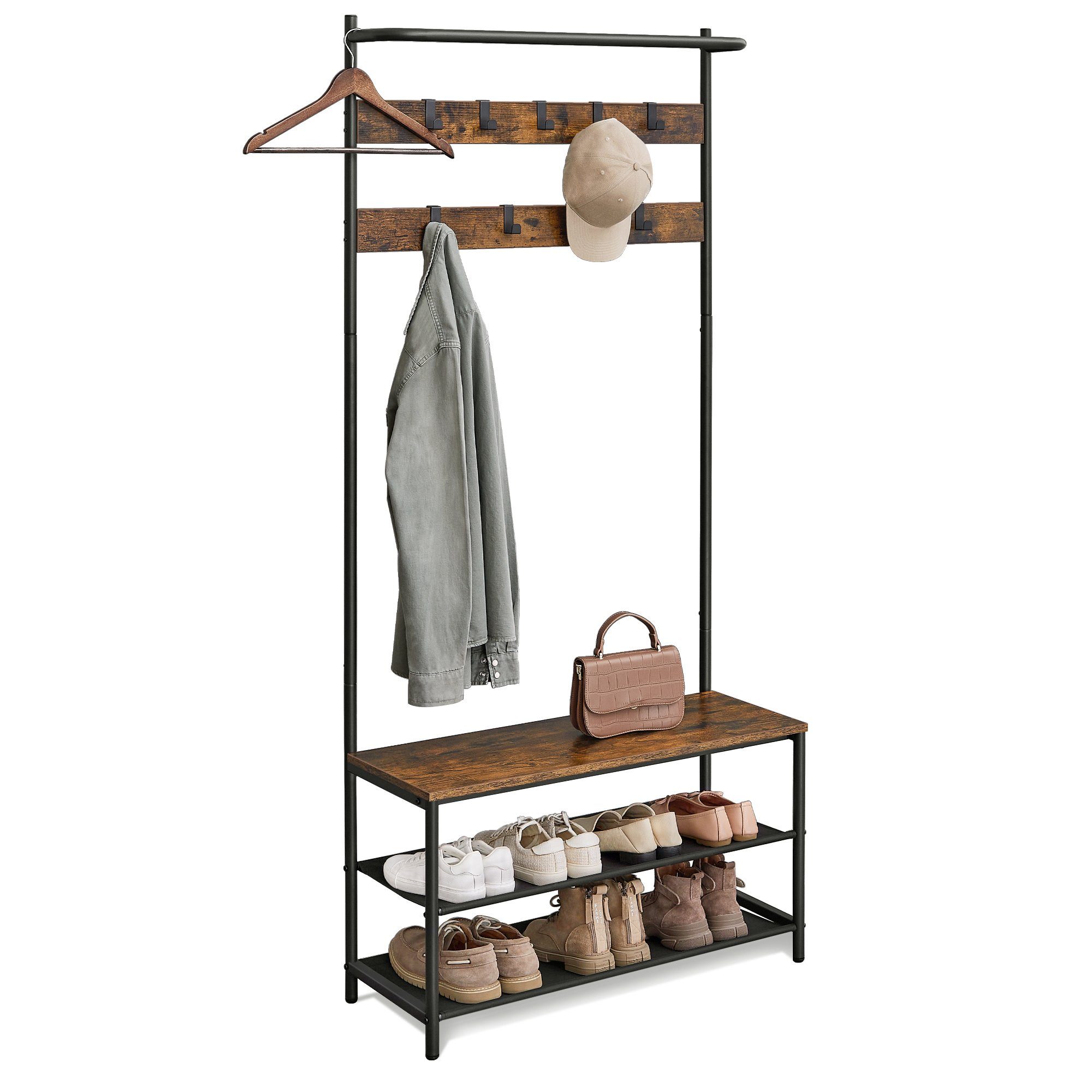 VASAGLE Garderobenständer Garderobe, Kleiderstange, Sitzbank, 9 abnehmbare Haken, Industrie-Stil