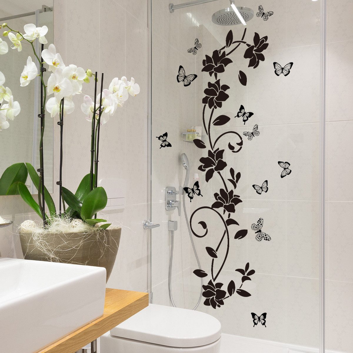 HomeBella Fliesenaufkleber Blumen Wandtattoo mit Schmetterlingen selbstklebend, Wandsticker Bad Dusche Glas Tür Deko wasserfest