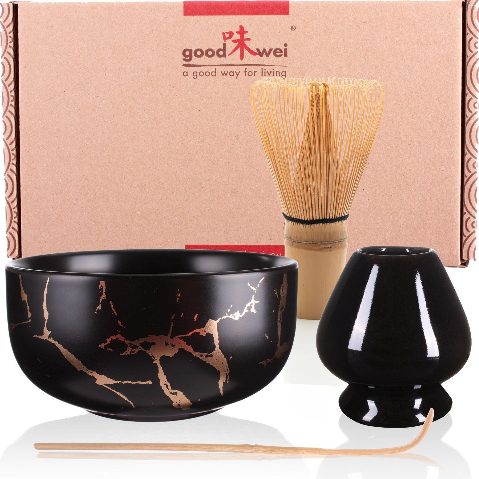 Teeservice "Black Marmor" Teeschale, Keramik 120 (4-tlg), mit und Matcha-Set Besenhalter Goodwei Besen