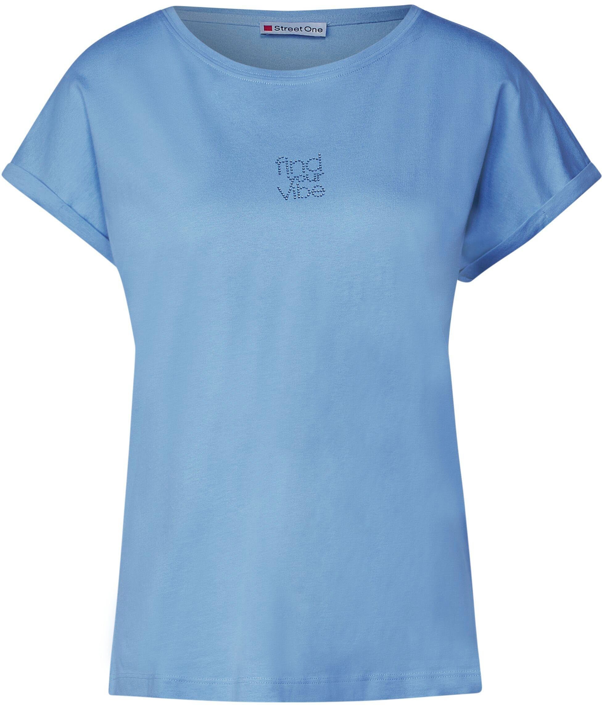 ONE mit Rundhalsshirt bay Wording Steinchen blue STREET