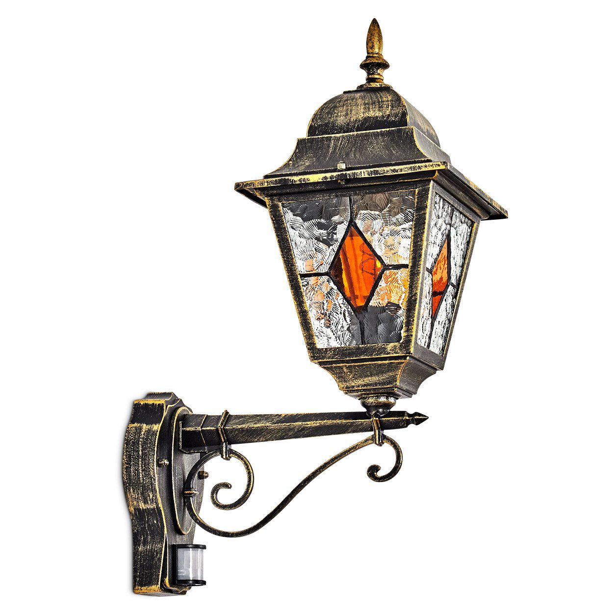 hofstein Außen-Wandleuchte Außenwandlampe m. Bewegungsmelder aus in Gold/Schwarz/Klar/Bernstein, ohne Leuchtmittel, Außenwandleuchte im Retro/Vintage/Antik/Landhaus-Design, E27, IP44