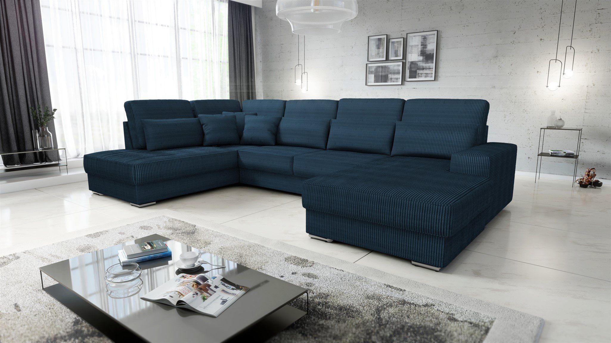 Fun Möbel Wohnlandschaft Sofa U-Form NEVIO in Stoff Scala, mane Links oder Rechts, Rundumbezug Dunkelblau