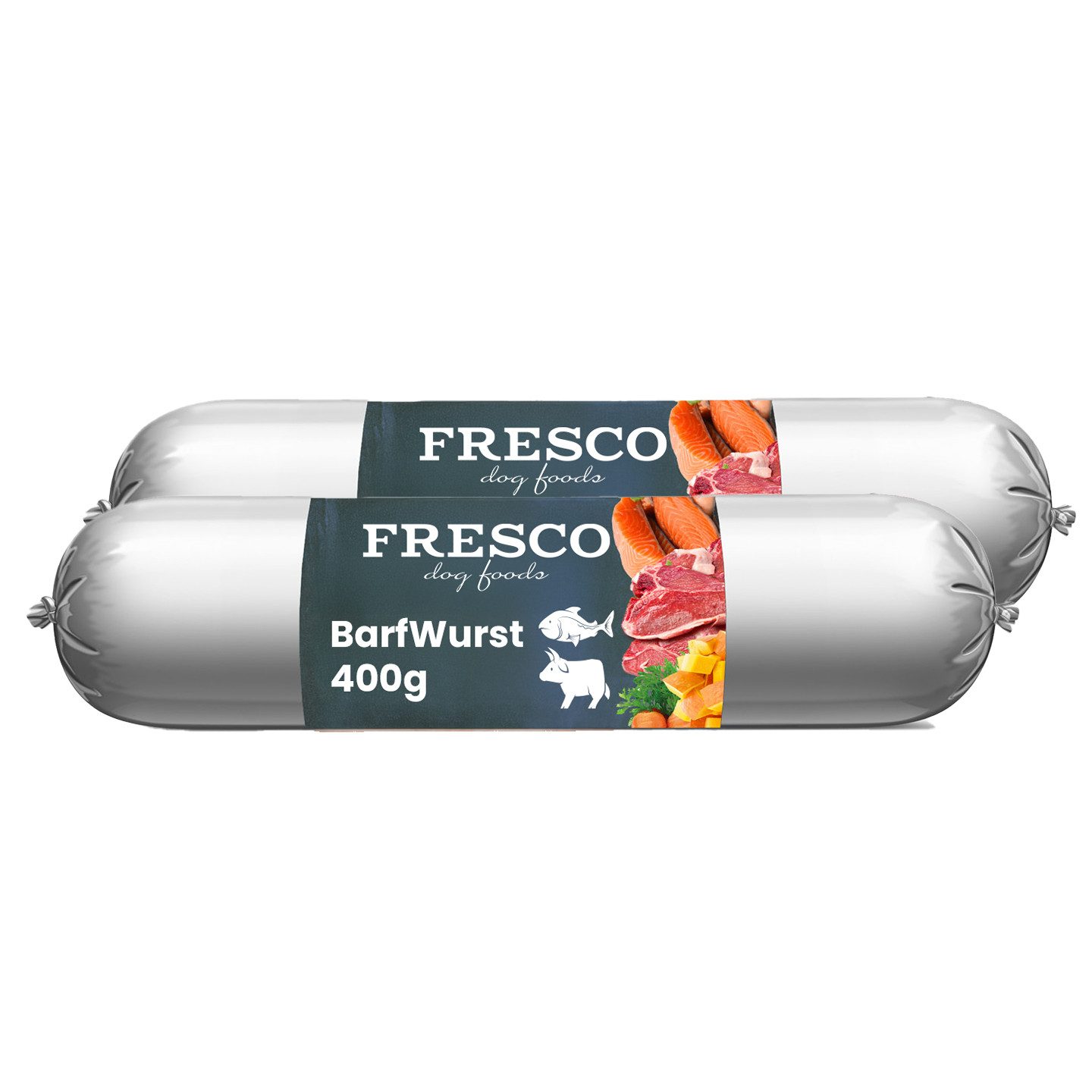 Fresco Dog BARF Hundewurst schnittfest Lachs mit Rind I 2 x 400g, Nassfutter für: Hunde, 80% Frischfleisch mit Karotte, Kürbis & Spirulina