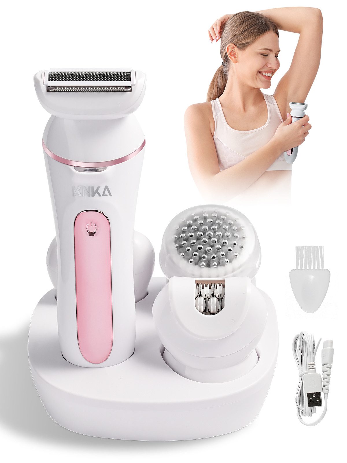 KNKA Epilierer 5-in-1 Haarentferner-Set Elektrischer Rasierer für Frauen, Aufsätze: 5 St., IPX6 Wasserschutz, Helles LED-Licht, Kabellose Bedienung, 40 Pinzetten, flexibler Kopf für Gesicht, Achseln, Beine und Körper