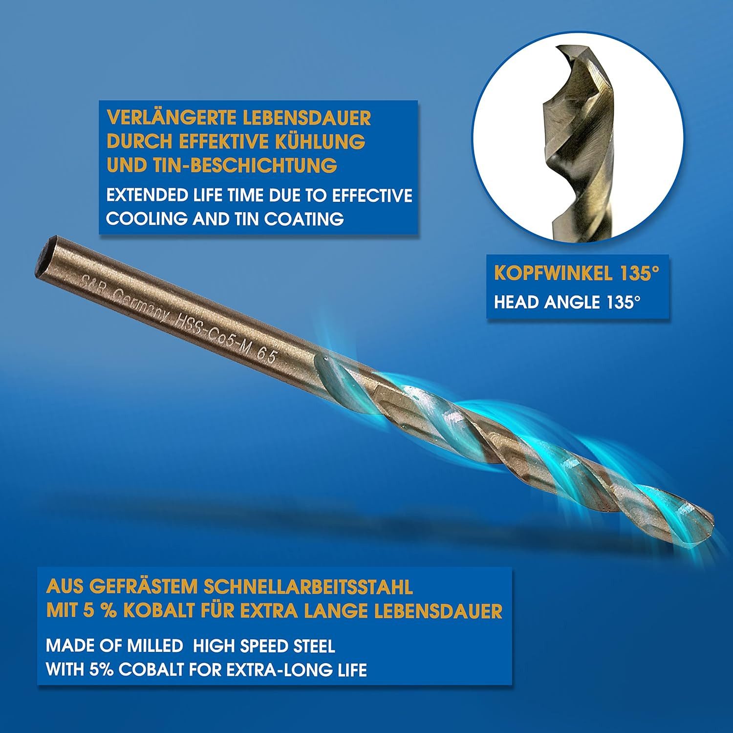 S&R Metallbohrer HSS-G COBALT, DIN 338, Kobaltlegiert, Industrie-Qualität, C-Schliff, (Set, 13-tlg: 1,5-6,5 mm), nach DIN 1412, 135°, geschliffen, Spiralbohrer,Stahl-Edelstahl-Bohrer