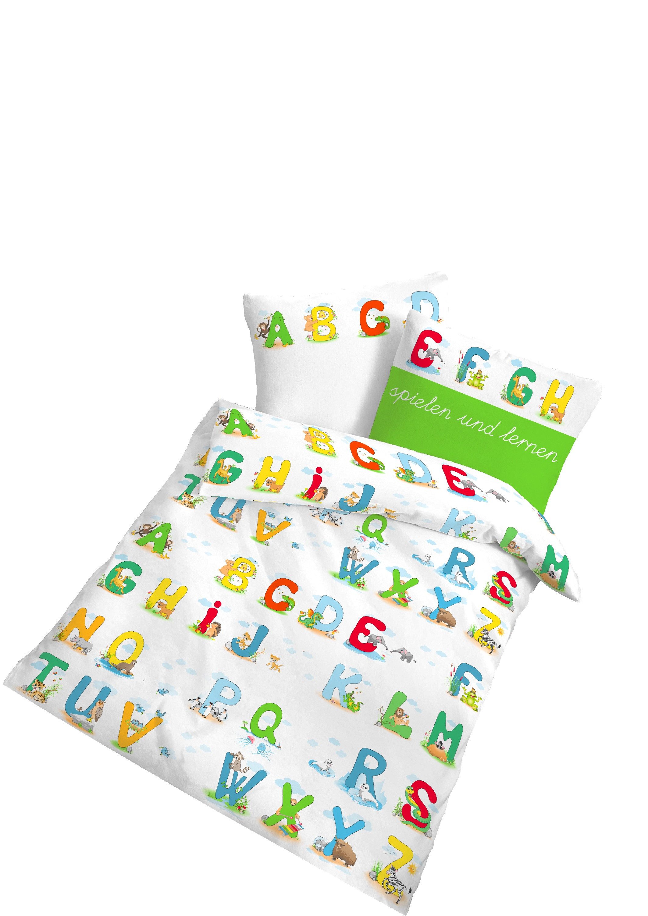 DOBNIG Babybettwäsche Biber Kinderbettwäsche 2tlg. 100x135 cm Alphabet bunt Lernmotiv, Biber, 2 teilig, Lernspaß im Bett mit buntem Alphabet-Design für Kinder Herbst Winter