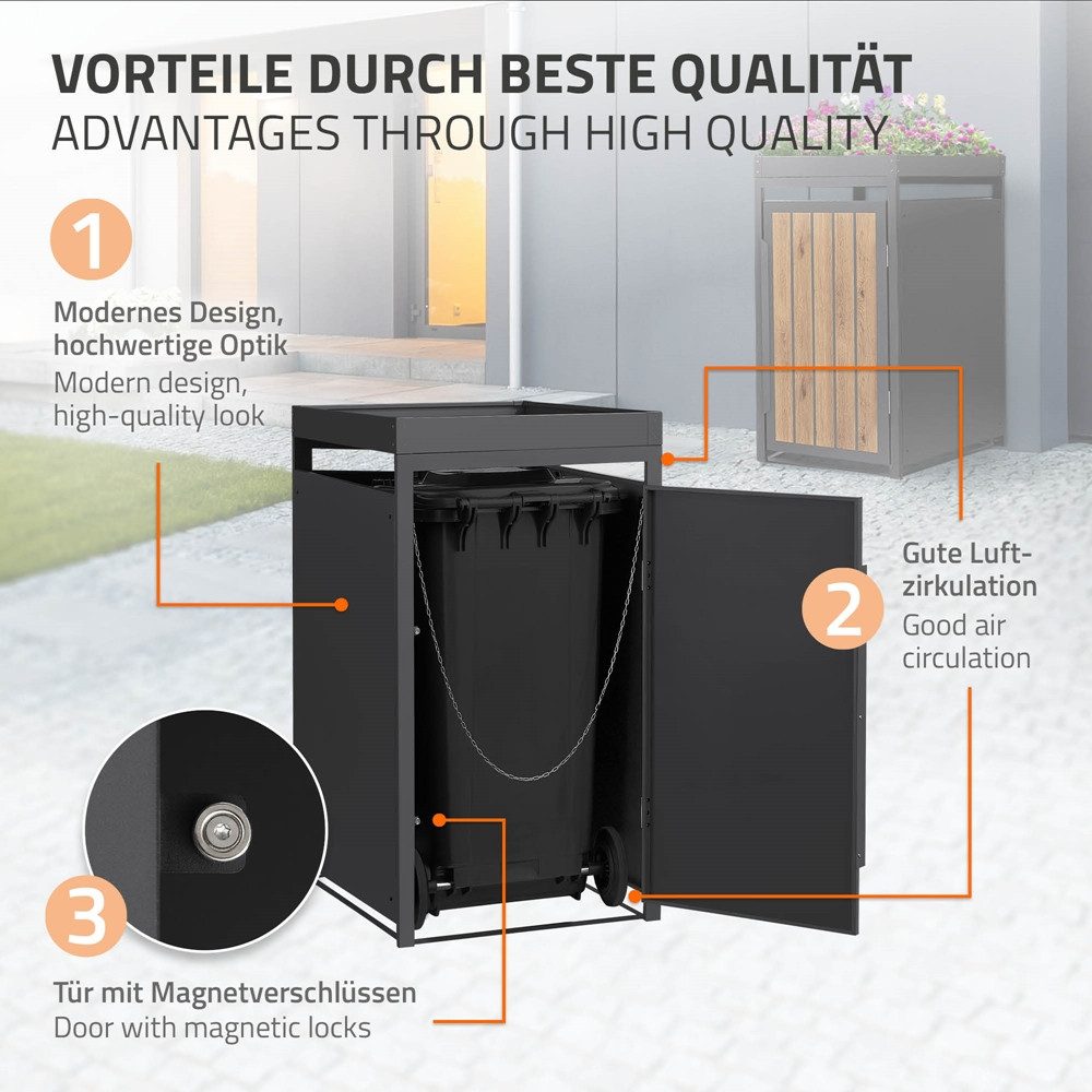 ML-DESIGN Mülltonnenbox Müllbox aus Stahl wetterfeste Mülltonnen Verkleidung Mülltonnengarage, Mülltonnencontainer mit Pflanzdach für 1 Tonne 120 oder 240 Liter