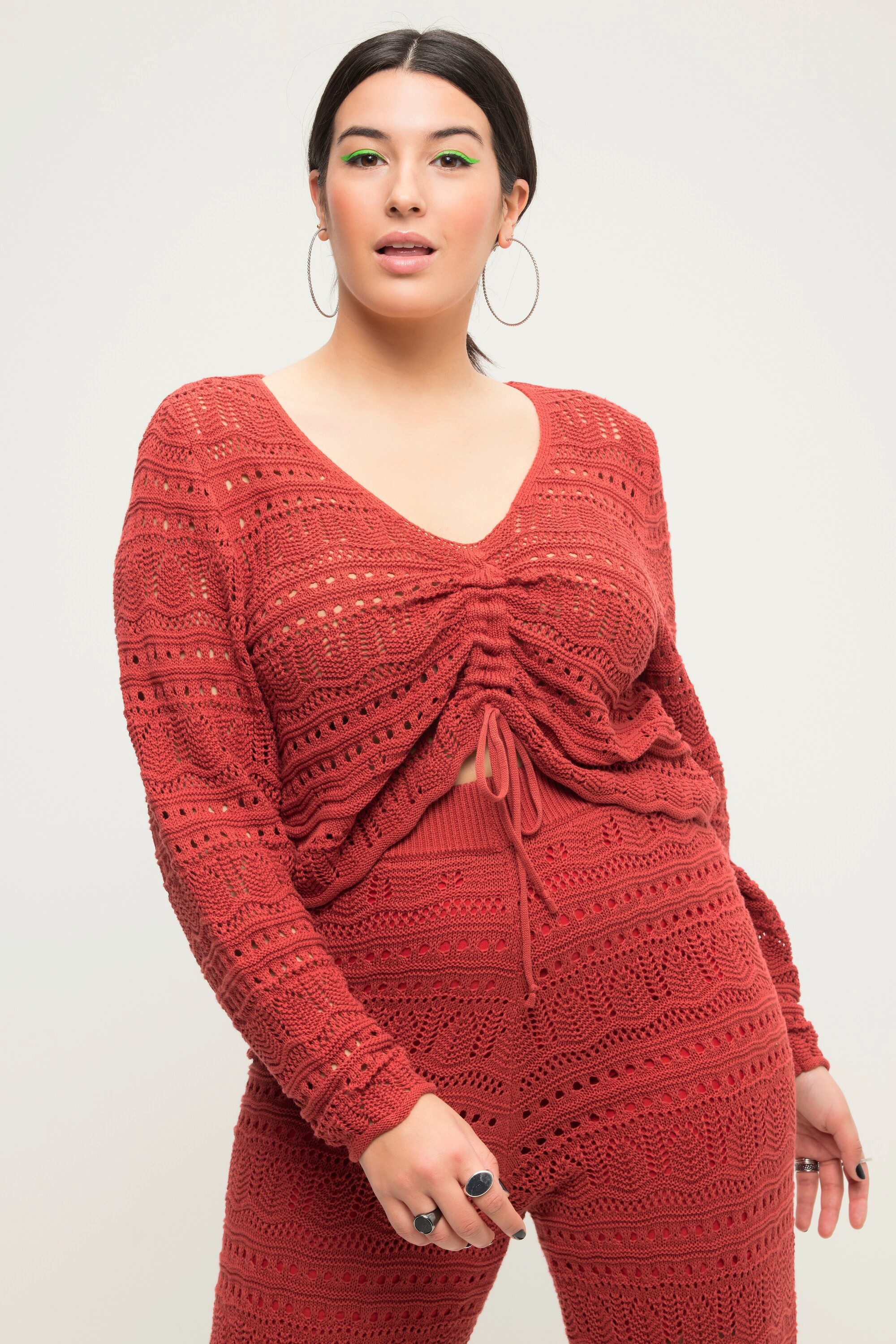 Strickpullover Ajour-Pullover Loose Fit Raffband Wellensaum