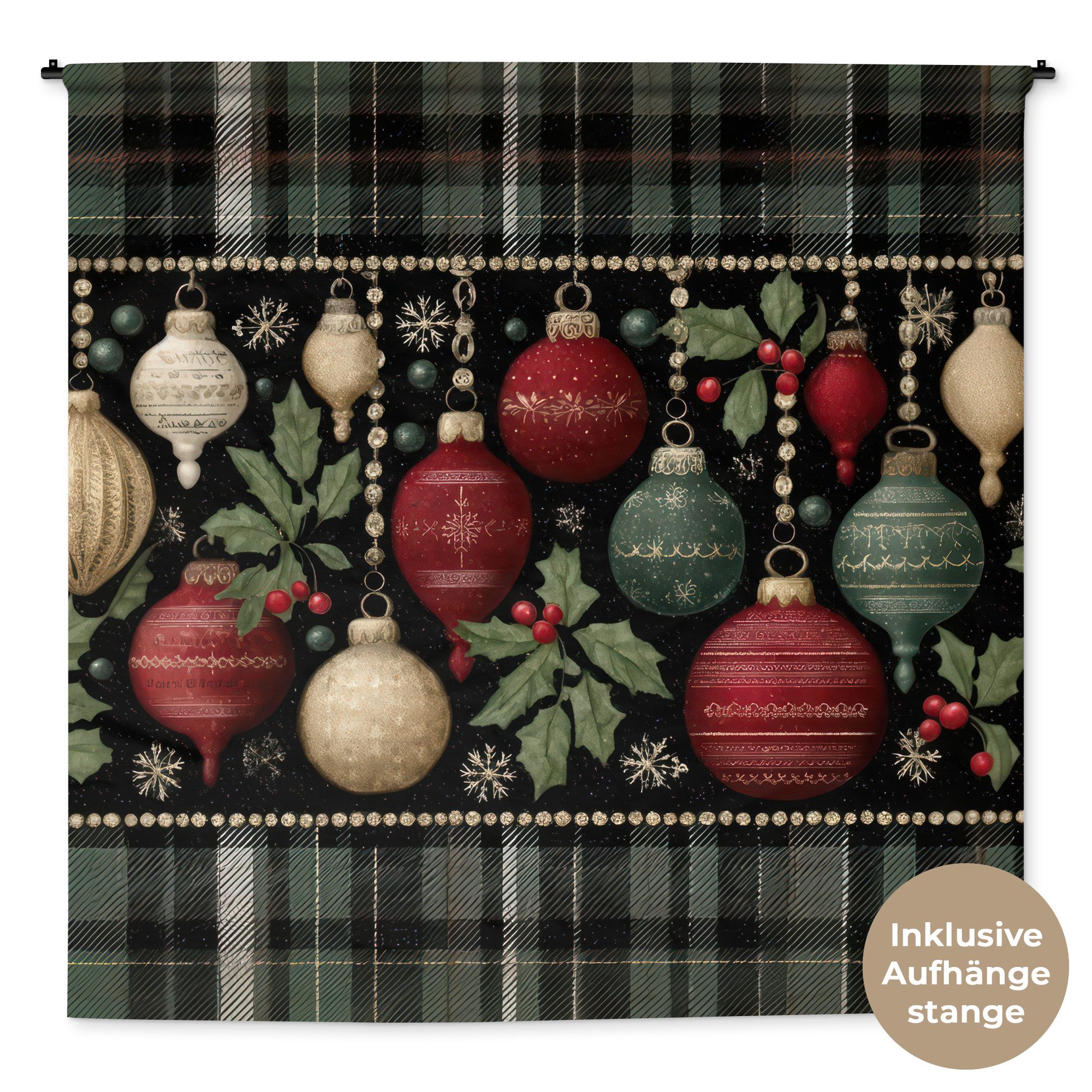 MuchoWow Wandteppich Weihnachtskugeln - Rot - Stechpalmenzweige - Muster, Quadratisch, Höhe: 3 mm, Wandteppich xxl, Kleid Wanddeko, 180x180 cm