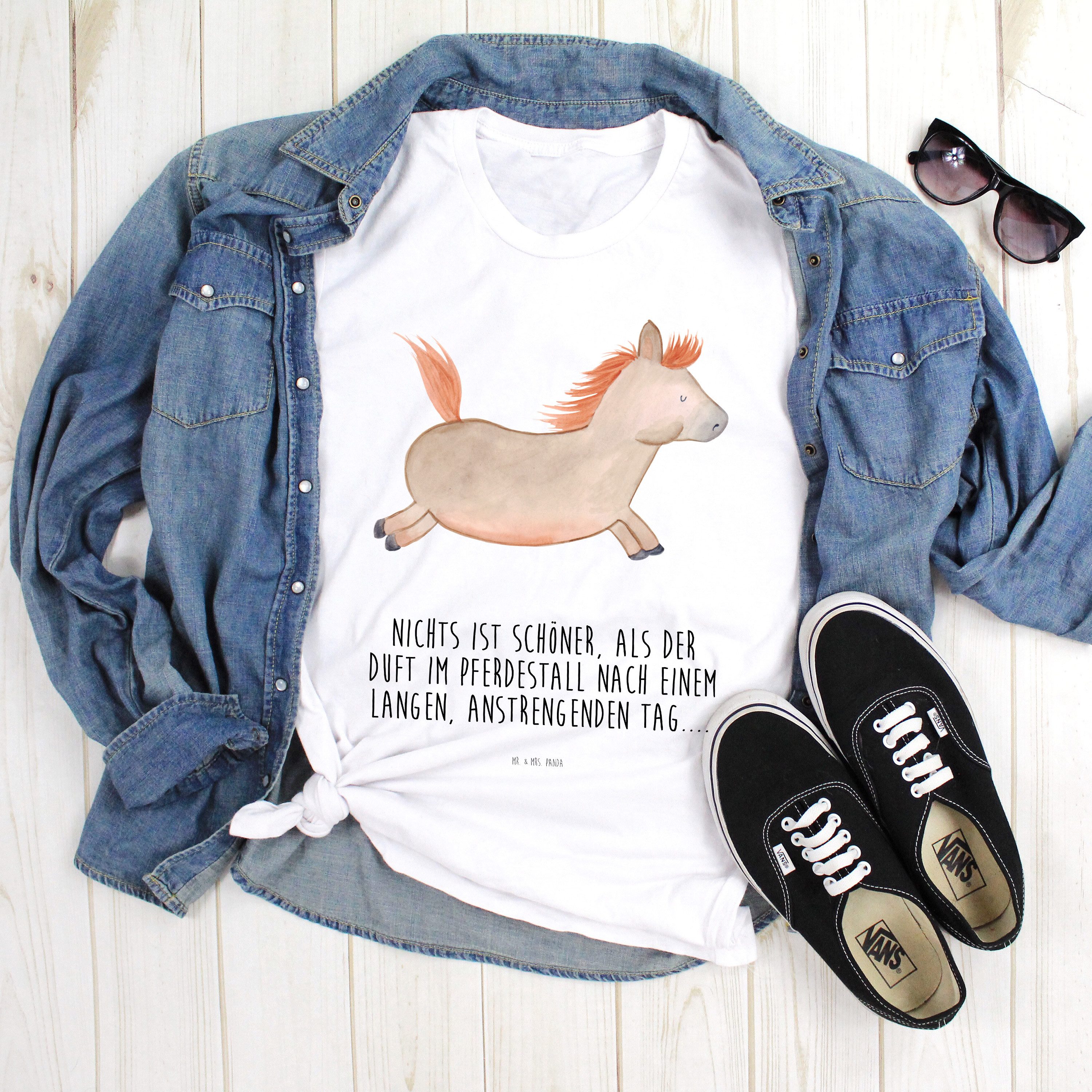 Mr. & Mrs. Panda T-Shirt Pferd Springen, S T-Shirt, Weiß, Lustiges T-Shirt, Shirt, Pony, Pferd (Packung) Statement-Shirt V-Ausschnitt T-Shirt S T-Shirt