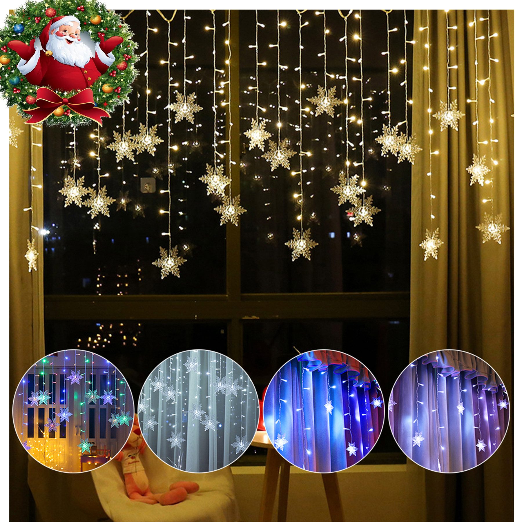 Rosnek LED-Lichtervorhang Innen Außen, 12cm Schneeflocke Weihnachtsbeleuchtung, 8 Modi, Timer, anschliessbar, Speicherfunktionen; Wohnzimmer Deko