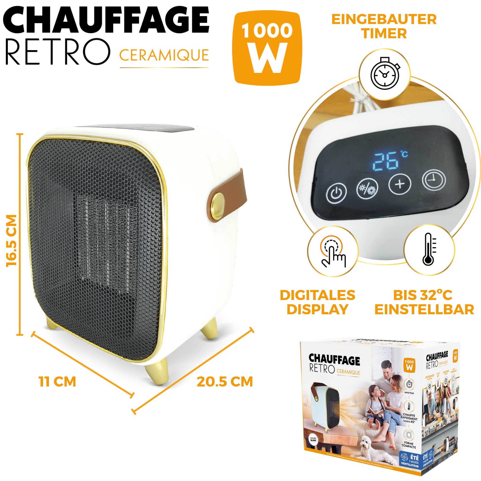 Venteo Heizlüfter Chauffage Retro Heater, 1000 W, kleiner Heizstrahler, Retro Mini Heizung, Timer, Ventilator Modus