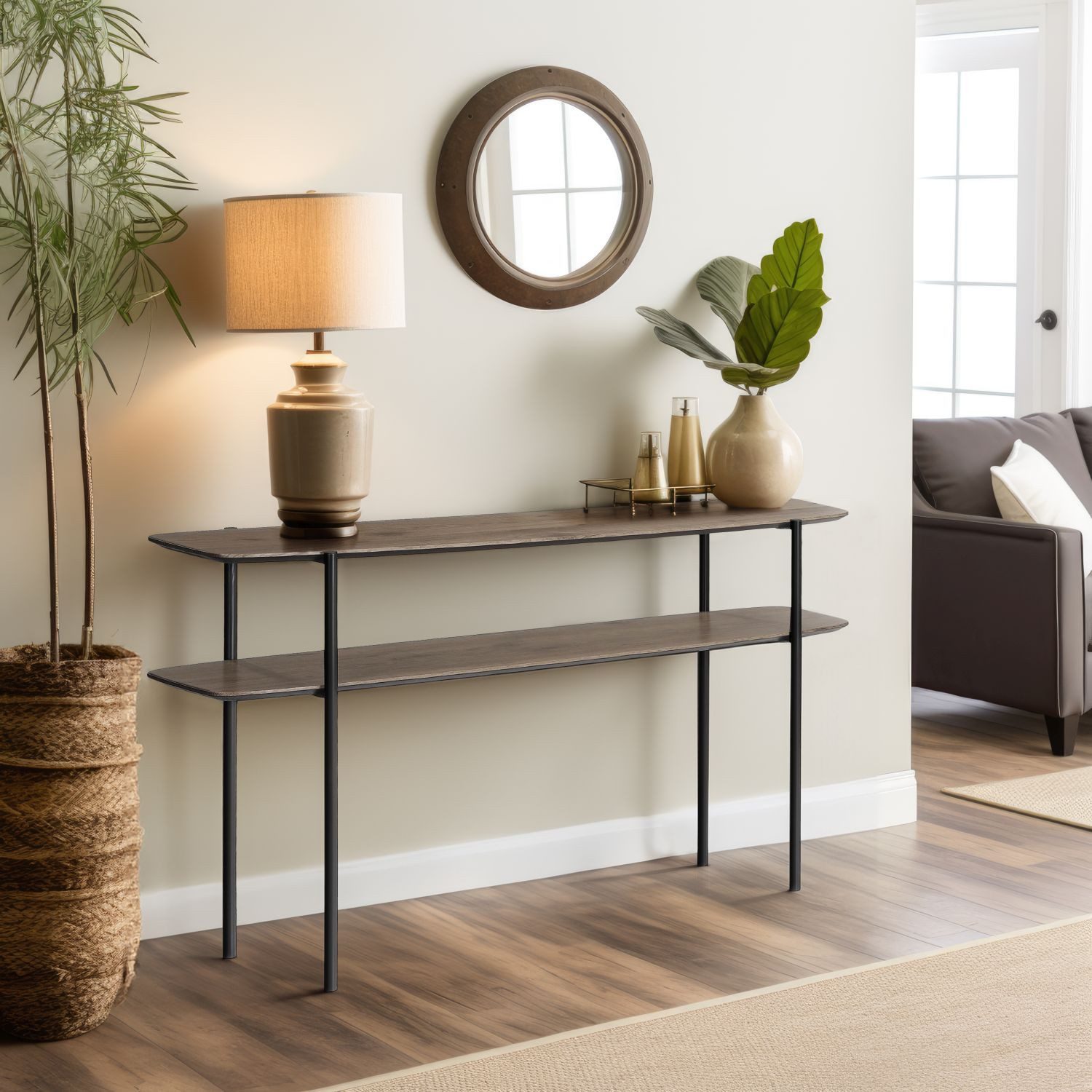 Wohnando Couchtisch Konsolentisch "Alexandros", 120x33x75 cm in Piniendekor braun, Flurtisch, schwarz Metallbeine, Ablagetisch Flur, Wohnzimmer Sideboard