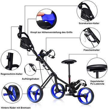 COSTWAY Golftrolley 3-Rad Golfwagen, klappbar, mit verstellbarem Sitz, Griff