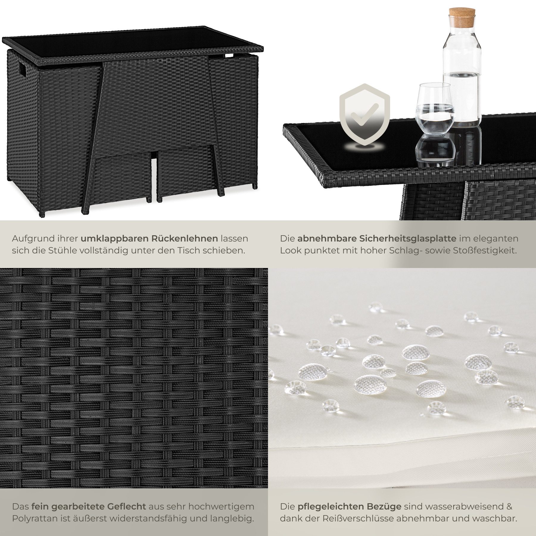tectake Sitzgruppe Rattan Gartenlounge für 2 Personen, zusammenschiebbar, (Loungeset Lausanne, 3-tlg., für Außen in Schwarz), widerstandsfähig, UV-beständig, mi – Bild 5 von 5