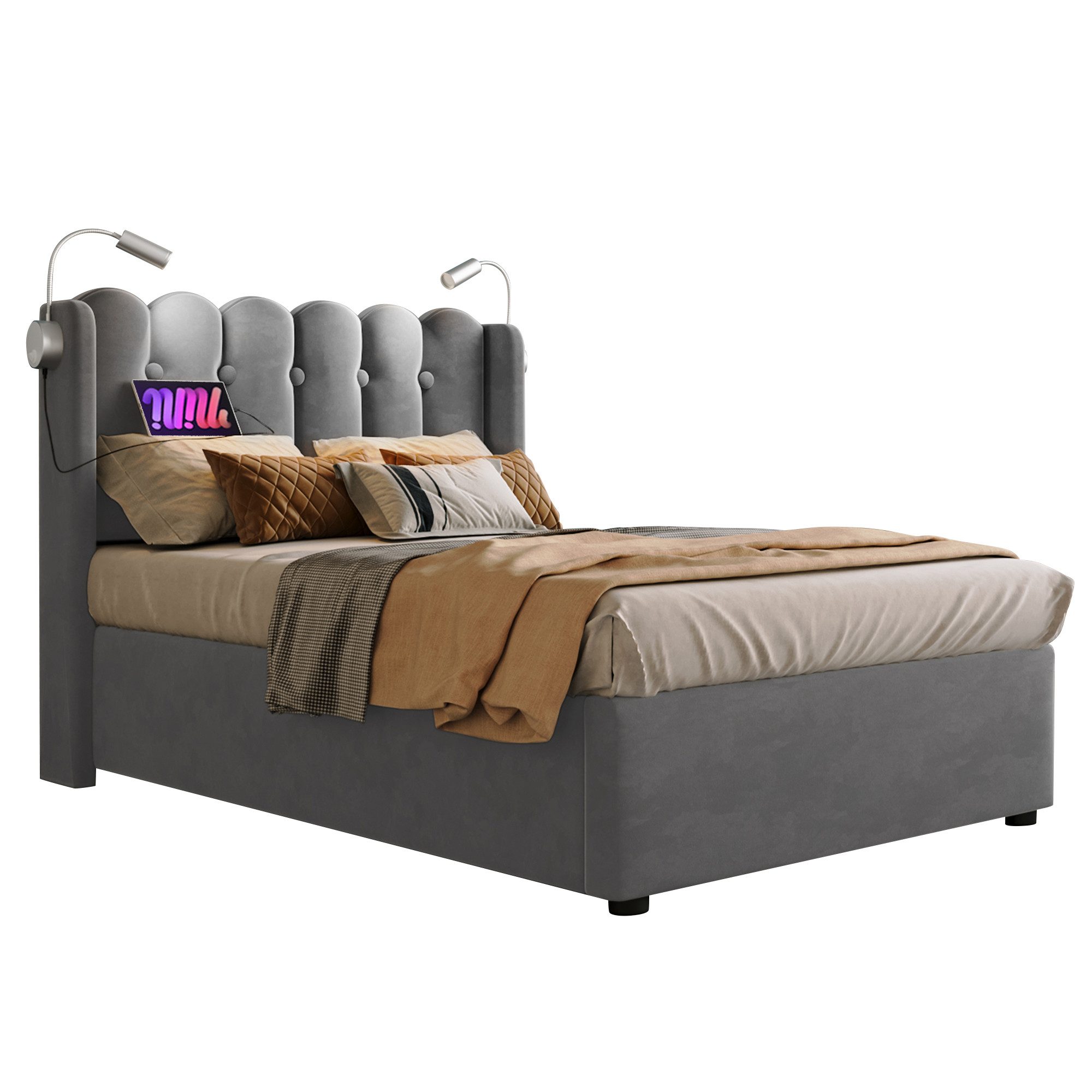 REDOM Polsterbett Leselicht mit Ladefunktion Kopfteil Stauraum Bettgestell (Jugendbett), 90 x 200 cm ohne-Matratze