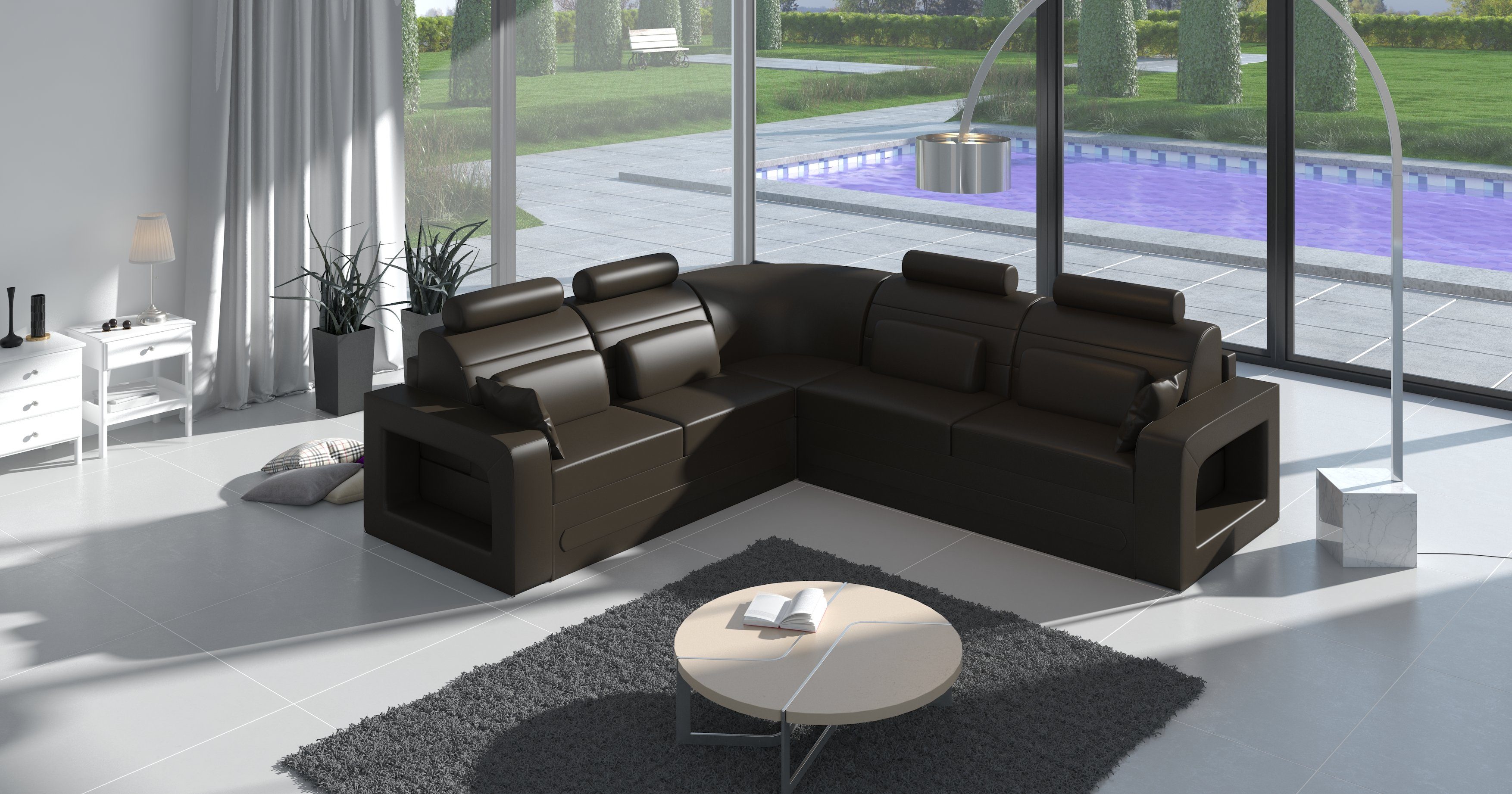 Bettfunktion Dunkelbraun Ecksofa, JVmoebel Schlafsofa Sofa Design Leder Ecksofa Couch Polster