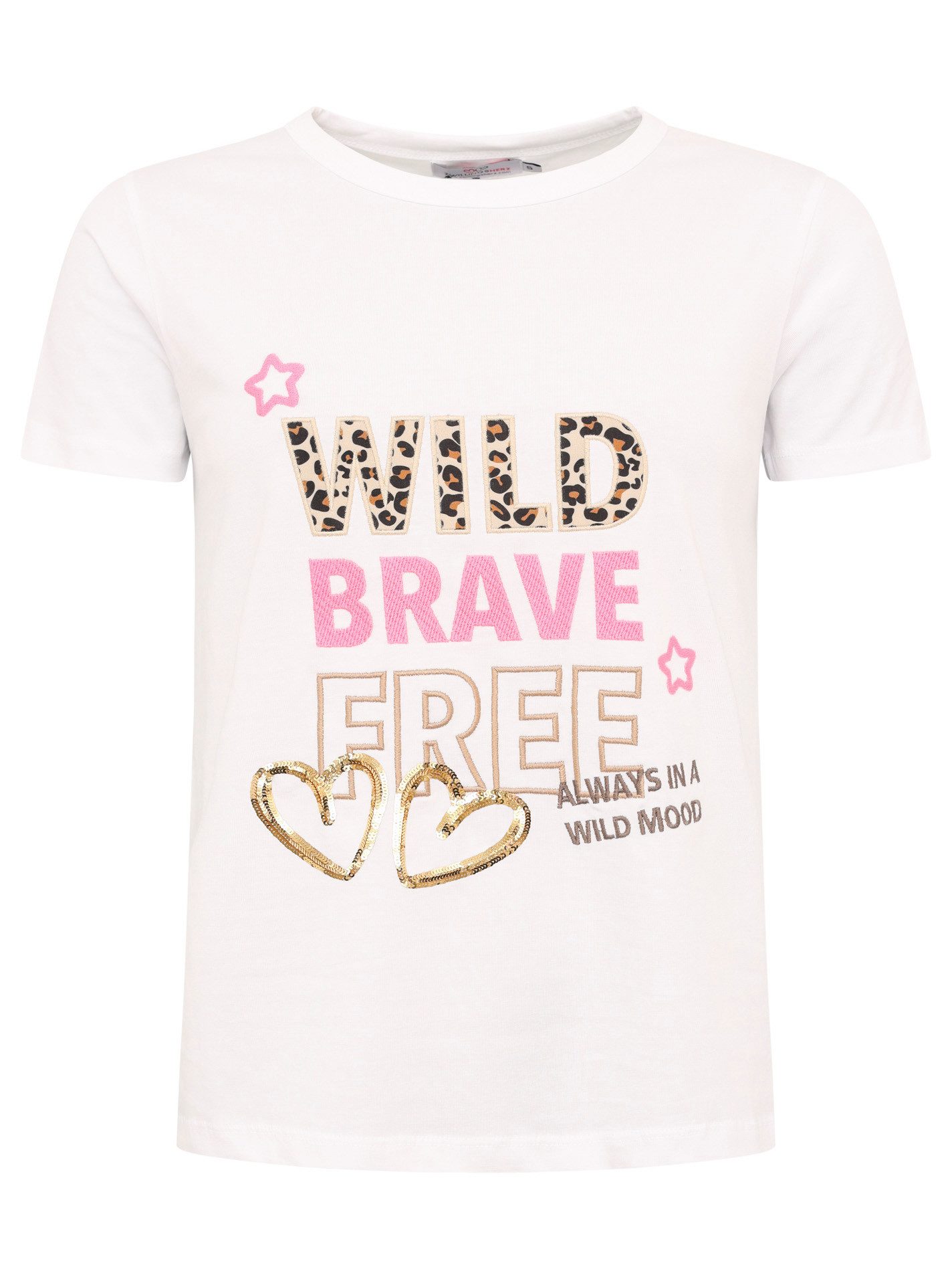 Zwillingsherz T-Shirt "Wild Brave Free" Leo-Muster, Pailletten, Kurzarm, Rundhalsausschnitt, Schriftzüge – Bild 2 von 5