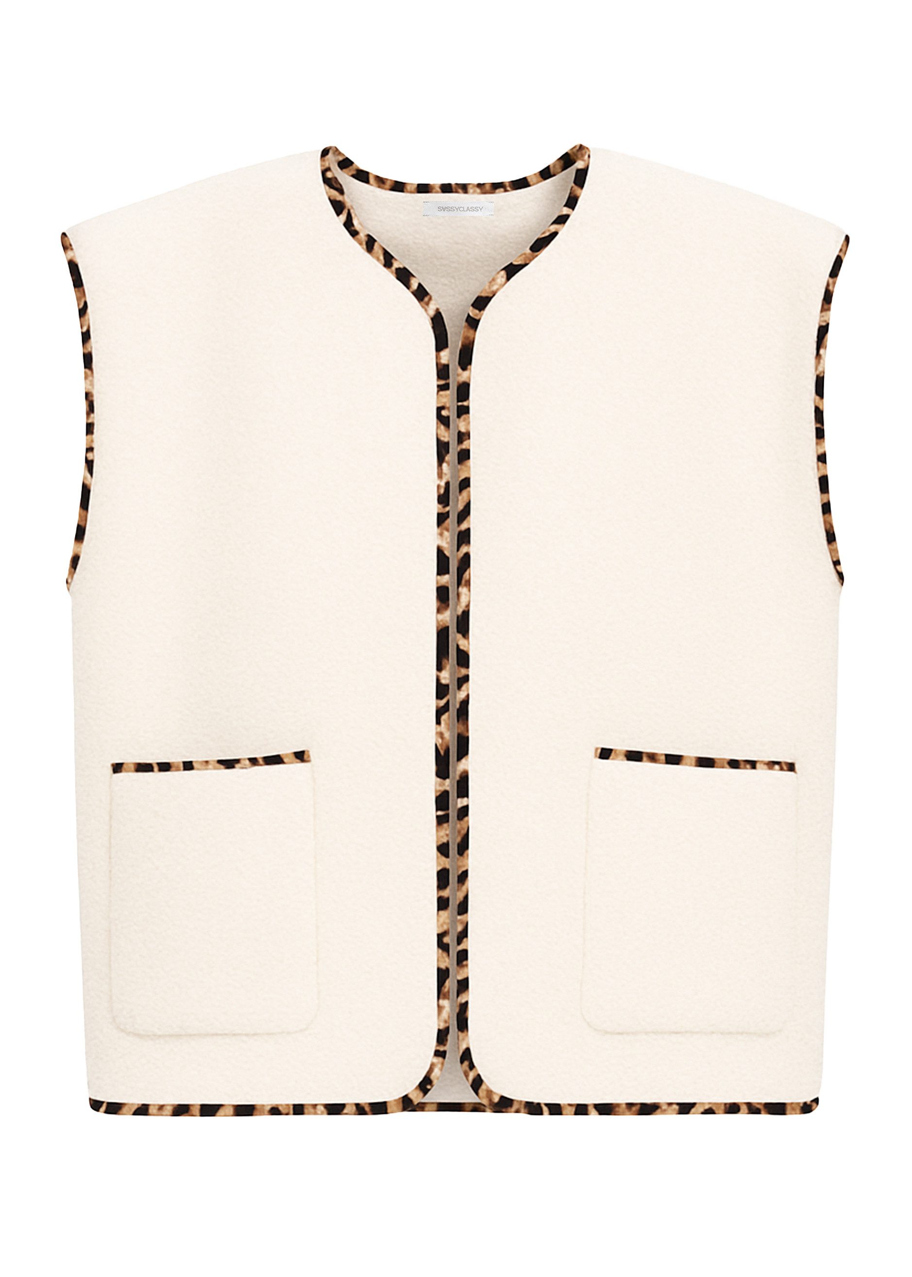 SASSYCLASSY Kurzweste Teddy-Weste mit Leo-Rand für Damen Weiche Weste mit Kontrastdetails und aufgesetzten Taschen Beige