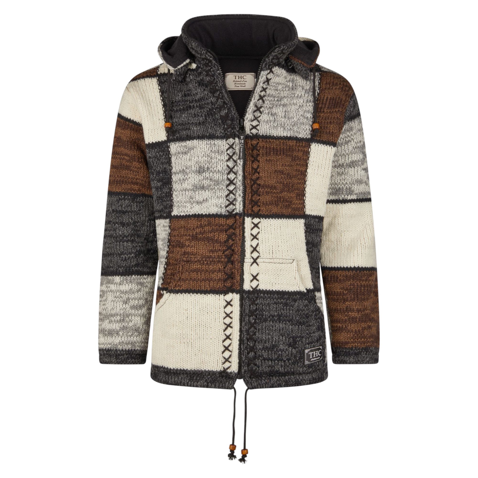 THC Natural Line Strickjacke THC Schafwollstrickjacke braune Quadrate 813 (1 Stück, 1-tlg., 1 Stück) Strickjacke mit abnehmbarer Kapuze