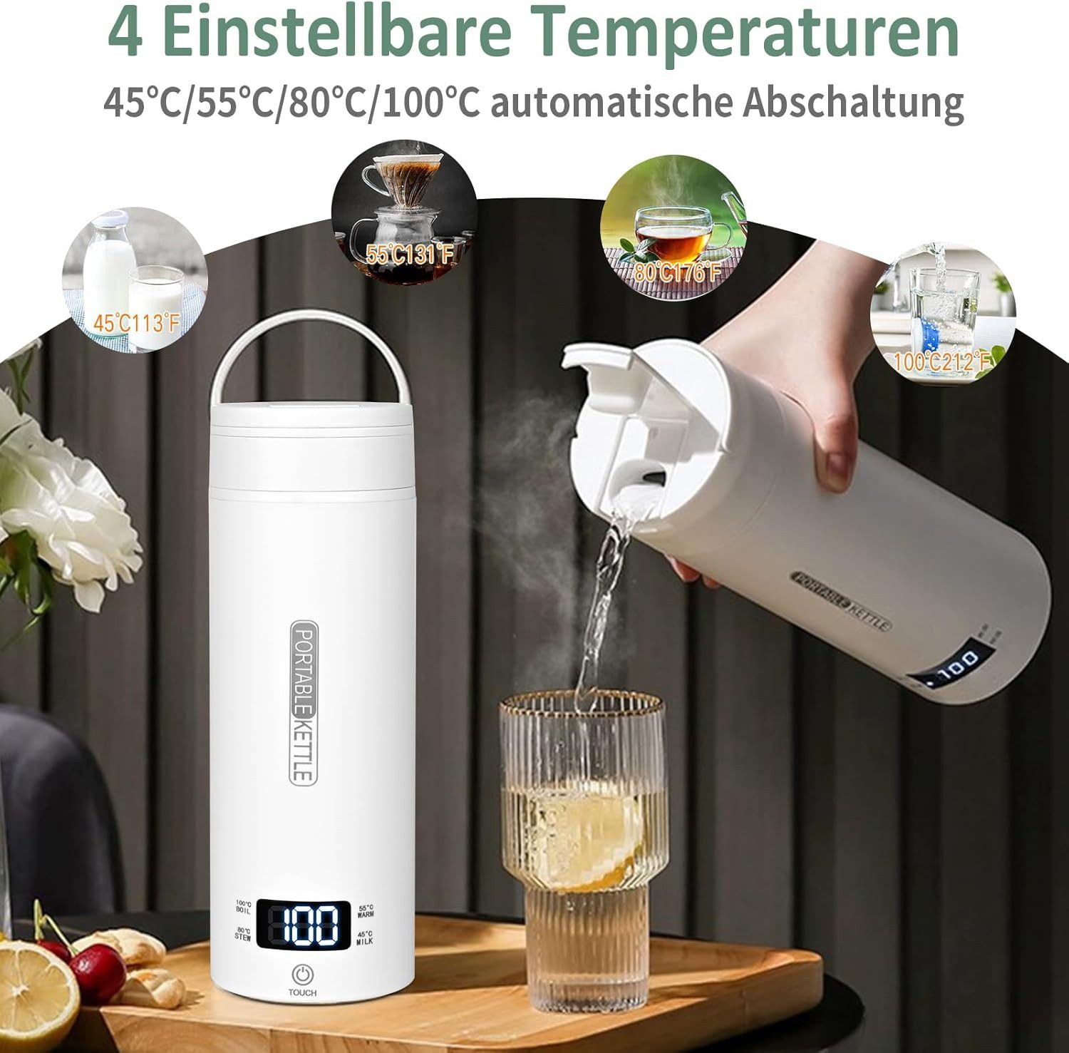 Forrlite Wasserkocher Tragbarer Wasserkocher,Reise-Wasserkocher,Thermobecher,Edelstahl, 300 W, 220V,500ml,Teekanne,Heizbecher,LCD-Temperaturanzeige,Geschenkset