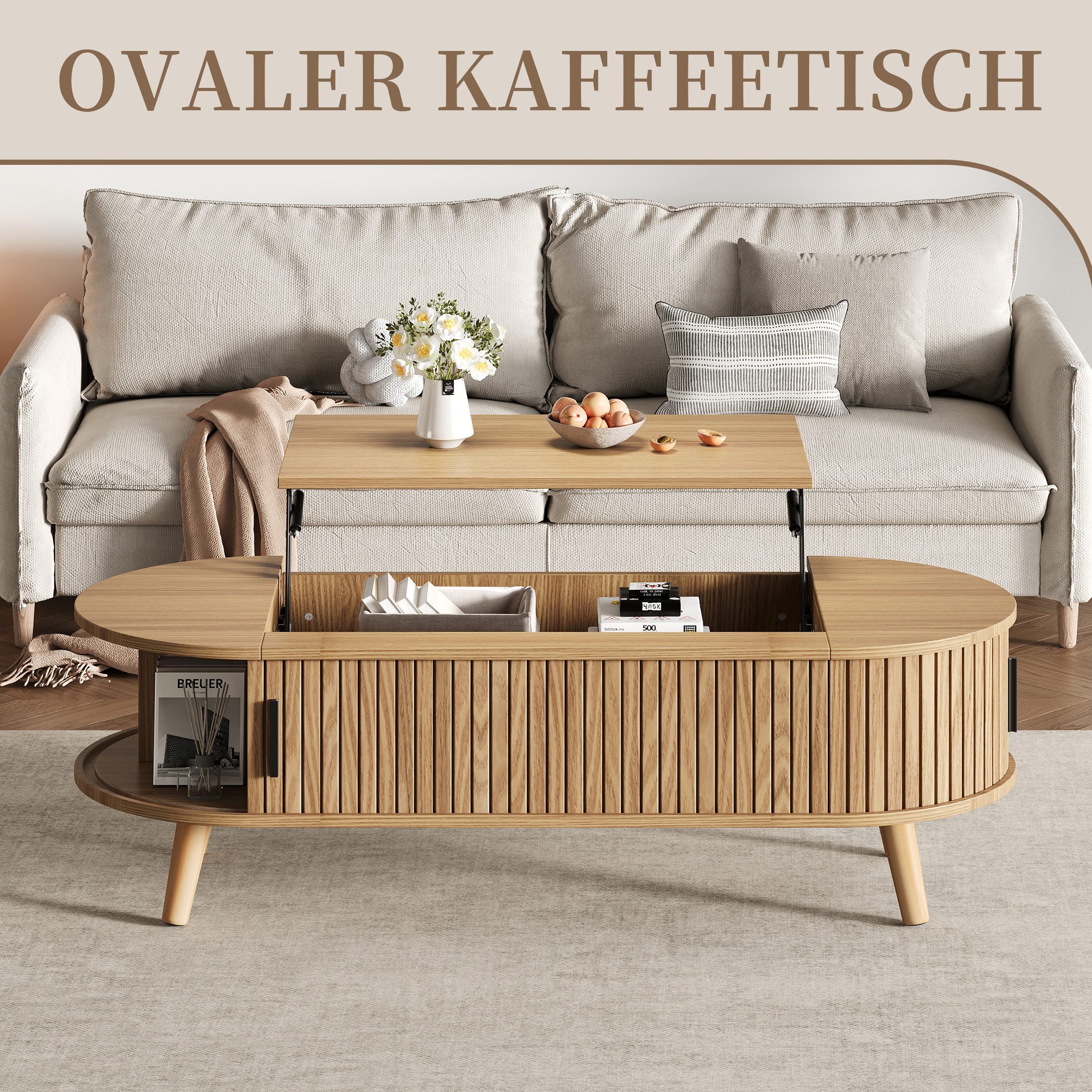 SeedWave Couchtisch Ovaler Sofatisch mit Anhebbarer Tischplatte, Gestreifter Schiebetür, Stubentisch mit 4 Ablagefächern, 4 Holzfüßen