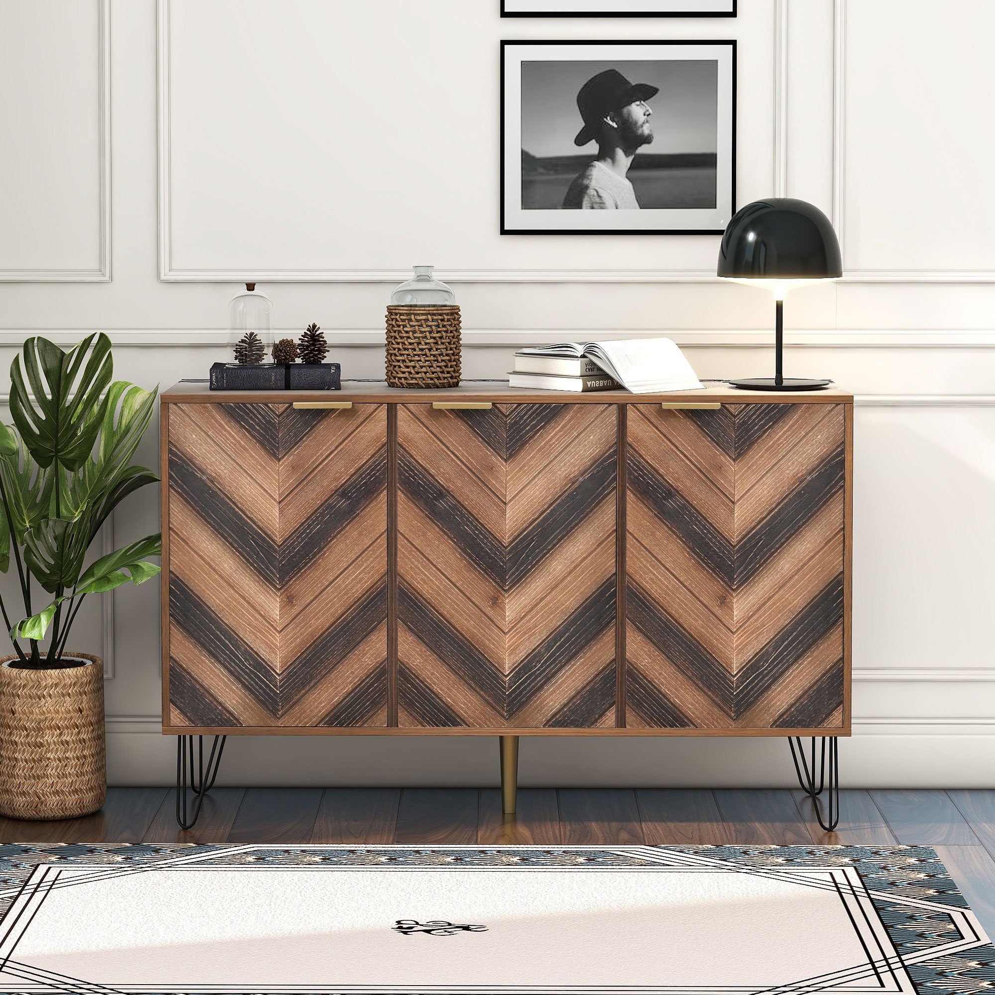 Merax Sideboard mit Fischgrätenmuster Dekor und Eisenfüße, Kommode mit 3 Türen und goldenen Metallgriffe,Highboard Holz,B:120cm